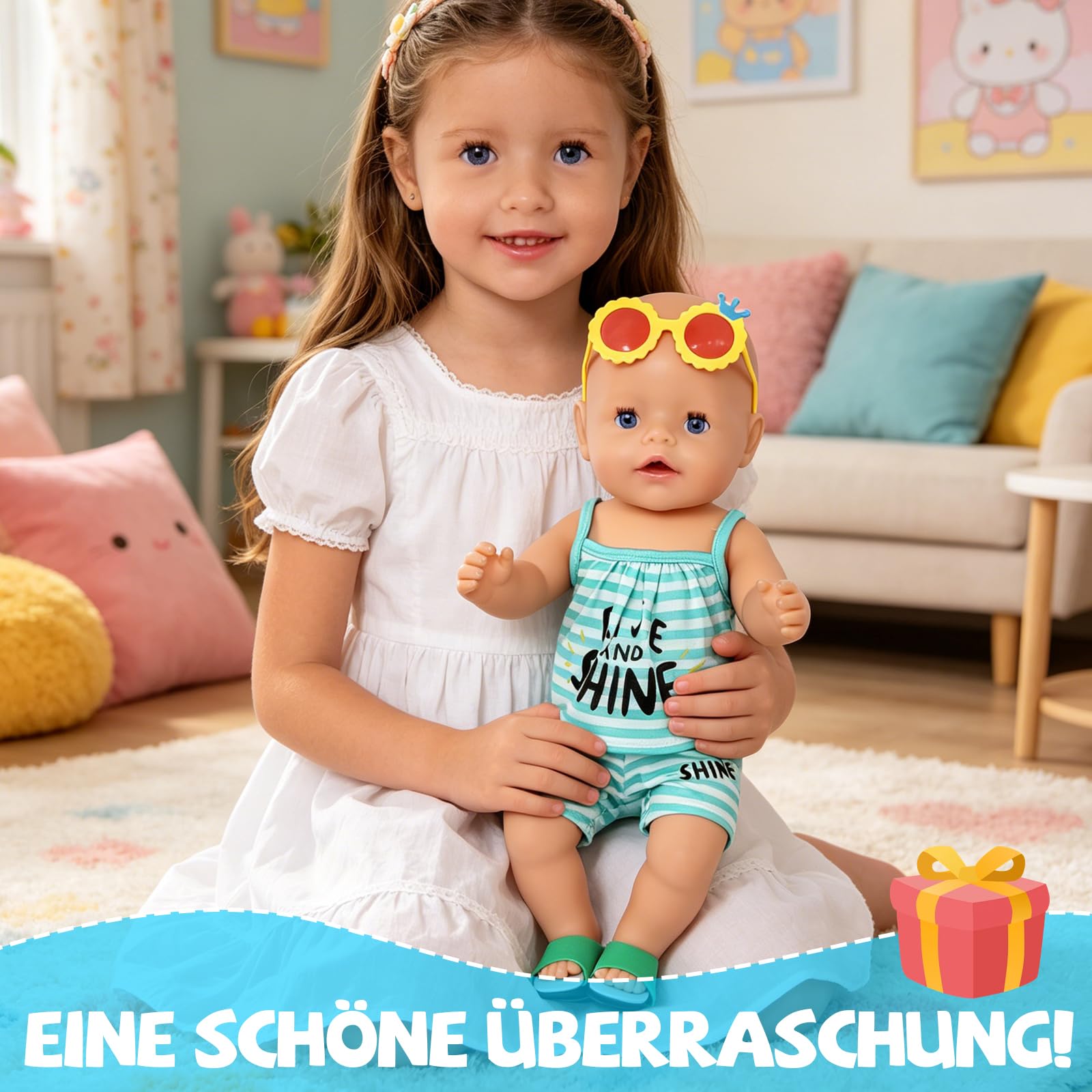 6-Teiliges Puppenkleidung 35–43 cm Sommer Set, Blau Weiß Gestreiftes Puppen Outfit mit Blauen Sandalen, Gelber Sonnenbrille, Blauem Schwimmring und Kleiderbügel