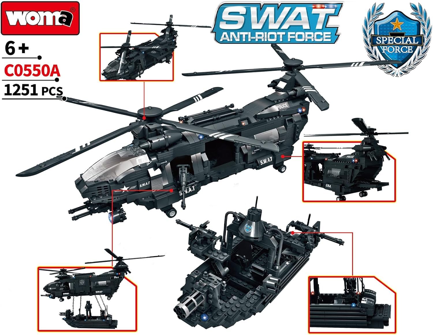 WOMA C0550A Juego de Bloques de construcción: Helicóptero Swat Hawk Juego de construcción Educativo para niños (1251 Piezas)