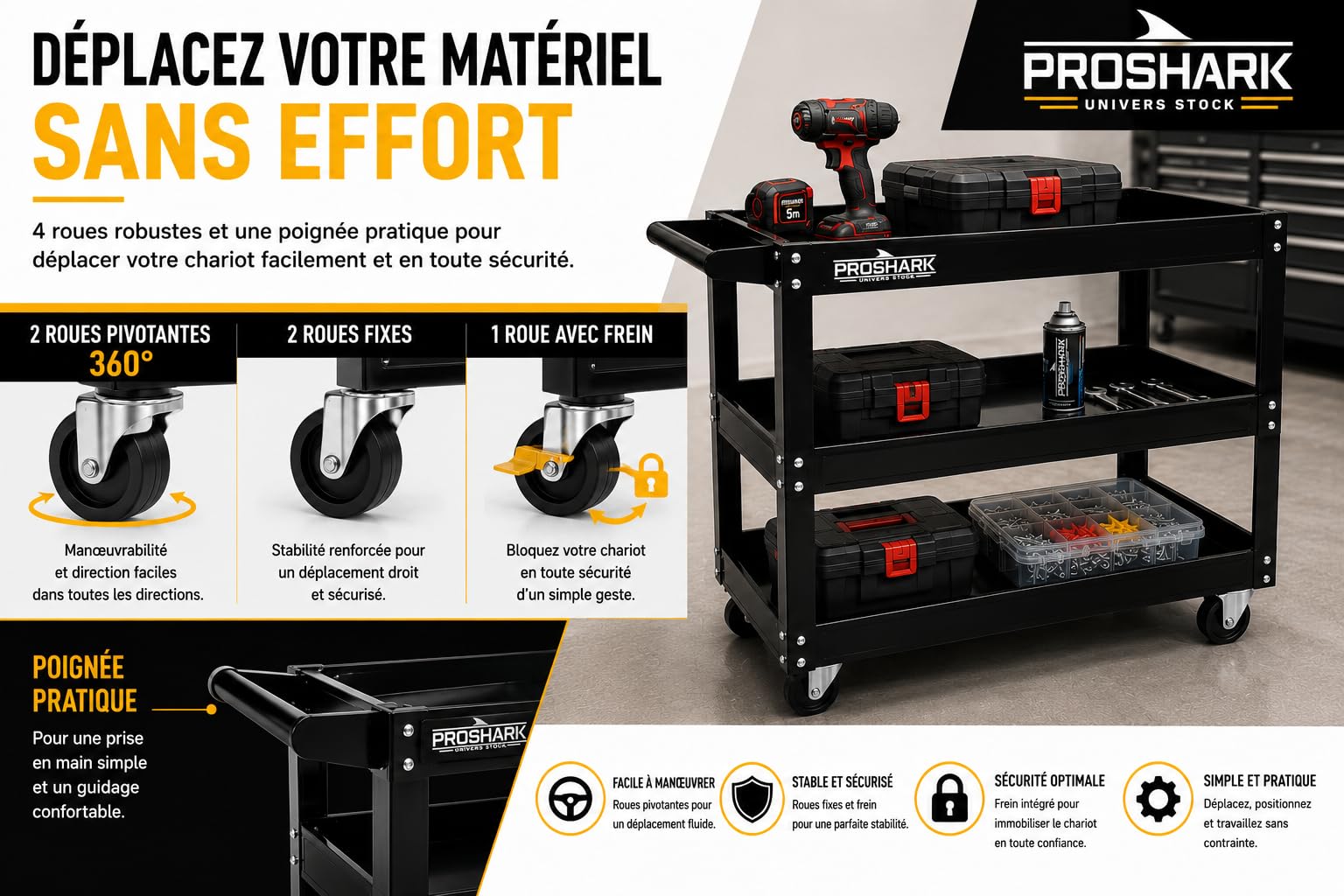 Chariot d'atelier Mobile 3 Niveaux - Charge 120 kg - 4 Roues Dont 2 pivotantes et 1 Frein - Servante de Transport - Chariot de Rangement pour Garage, Atelier et mécanicien
