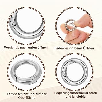 Bewudy Round Carabiner 20 mm Metal Spring O Rings Pack of 16 Alloy Spring Clasp Round Keyring Rings for Keychain Craft DIY Pendant Bag Accessories (Silver)