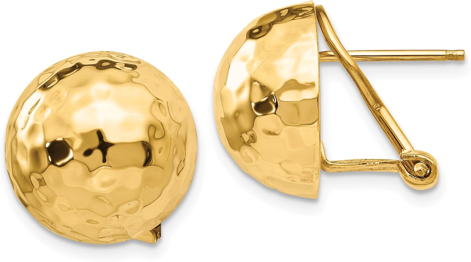 Polished Hammered Half Ball Omega Back Clip Earrings in Real 14k Yellow Gold