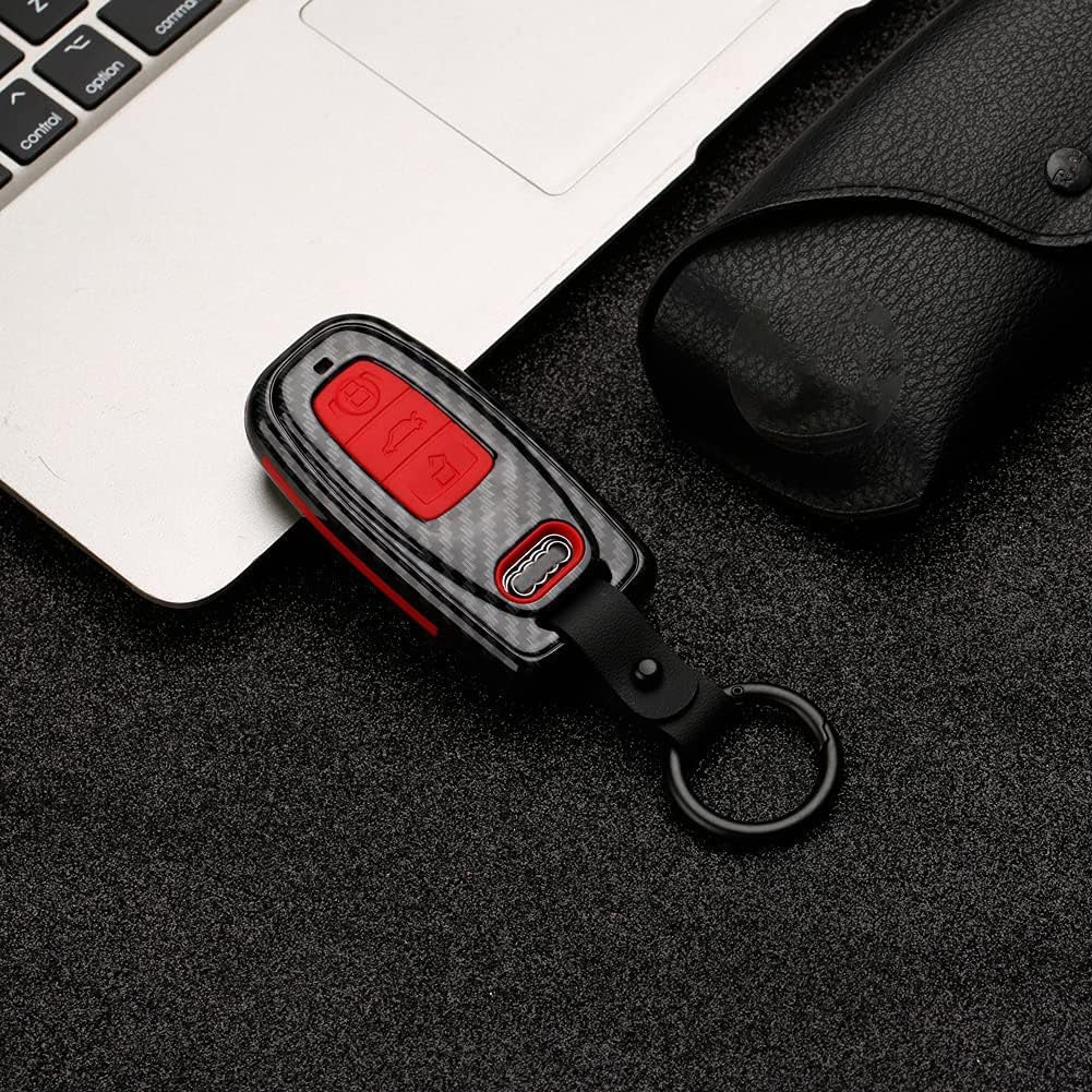 Beerte Key Fob Cover fit for Audi A3 A4 A5 A6 A7 A8 S5 Q3 Q5 Q7 TT Key Shell 3 Button Keyless Entry Remote Control Smart Car Key Fob Protective Case(Red Carbon Fiber)