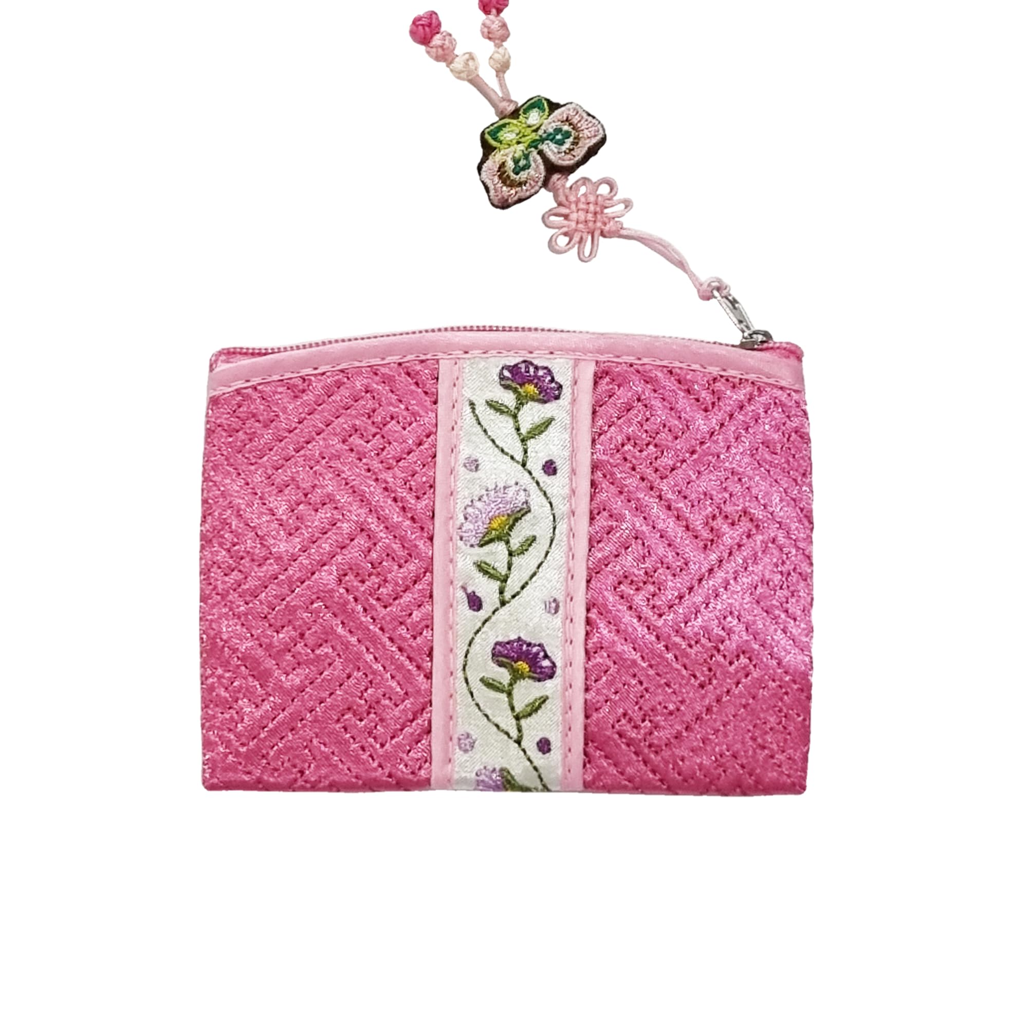 Seoulful Vintage Korean Embroidered Card Pouch - Wildflower Design Coin Purse with Butterfly Charm - Traditional Korean New Year's Gifts (Light Pink)