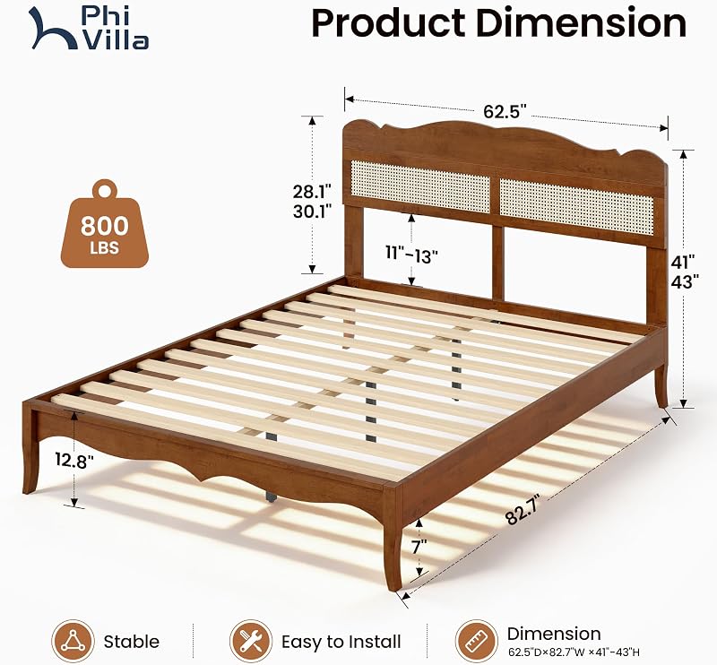 PHI VILLA Solid Wood Queen Bed Frame with Adjustable Headboard image 2
