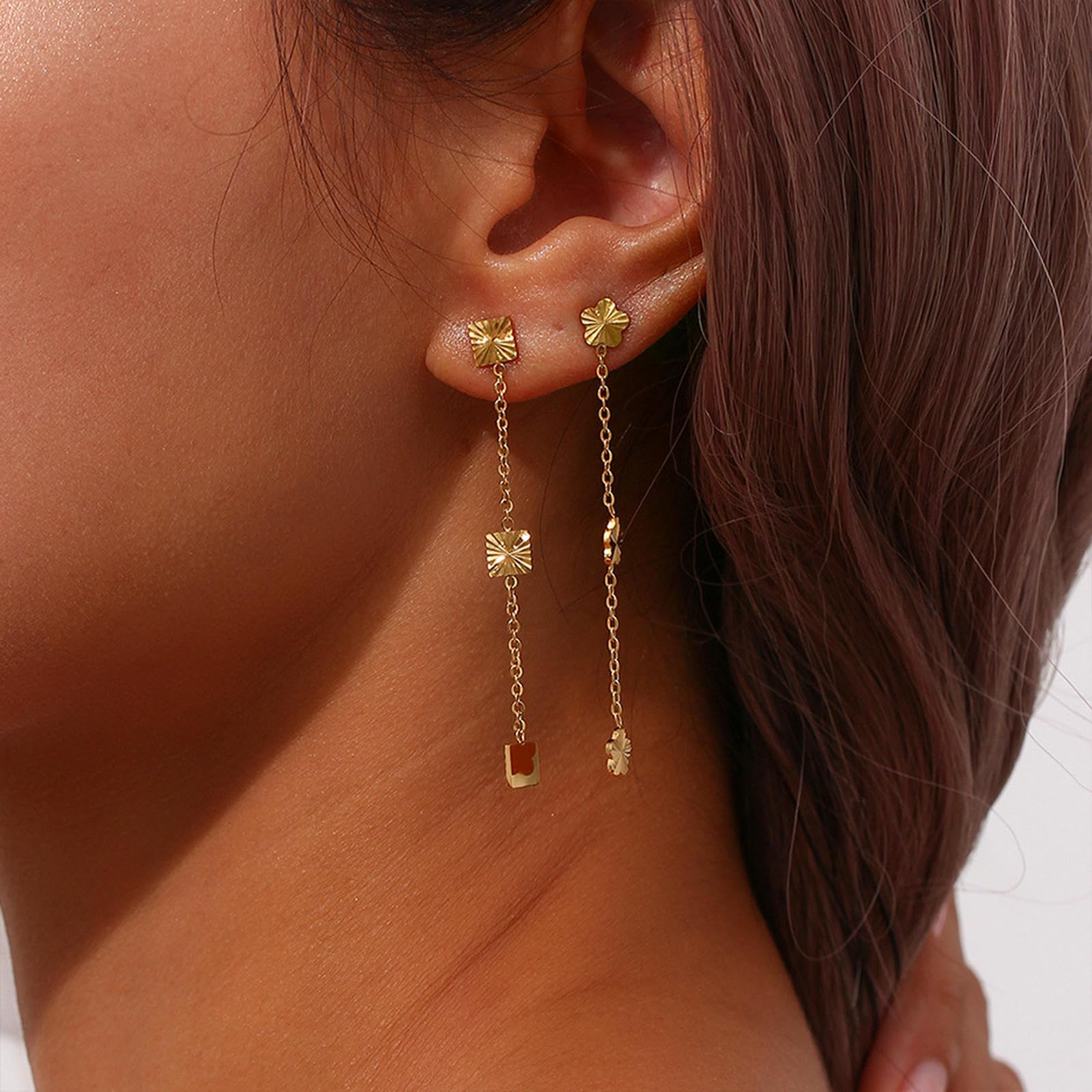 Ohrstecker mit Kettengliedern für Damen, minimalistisch, 18 Karat vergoldeter Edelstahl, gravierte Luxus-Ohrringe, Geschenk