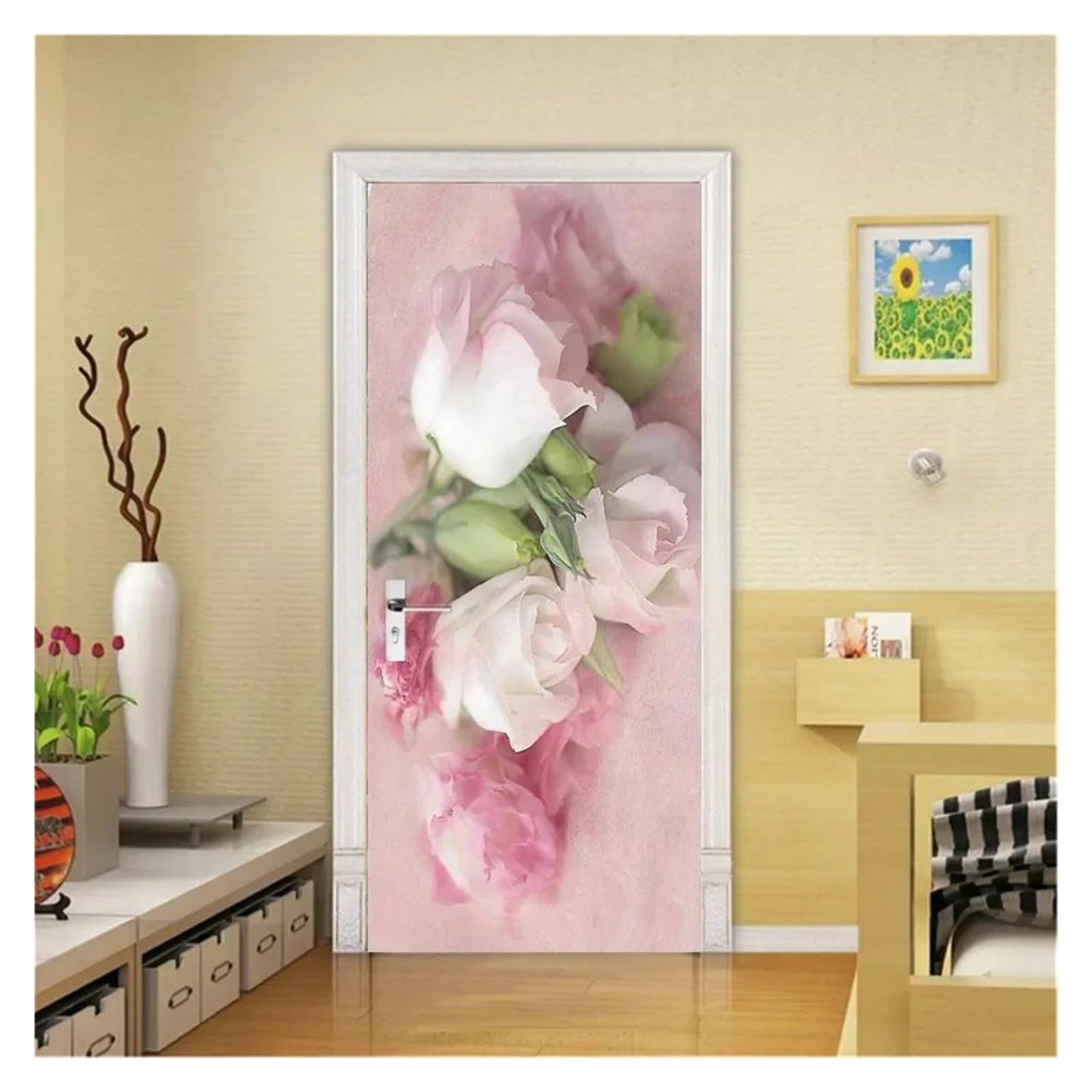 Rénover une porte abîmée avec le sticker mural floral roses 3D en PVC