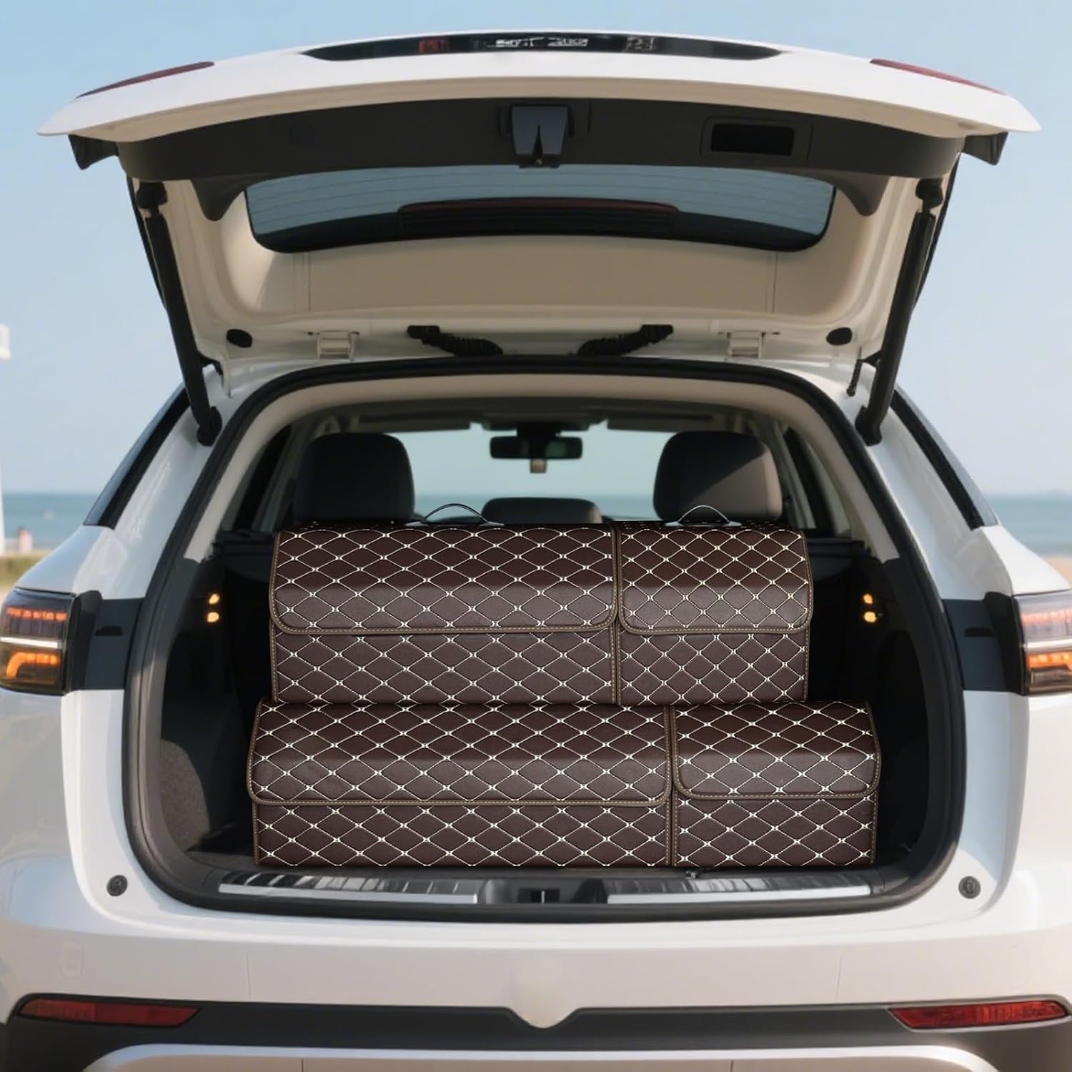 Ergocar Car Trunk Organizer Luxury Foldable Car Boot Tidy Storage Box Waterproof PU Car Boot Storage Organiser for Car/SUV/Truck/Auto (Brown-S) image 2
