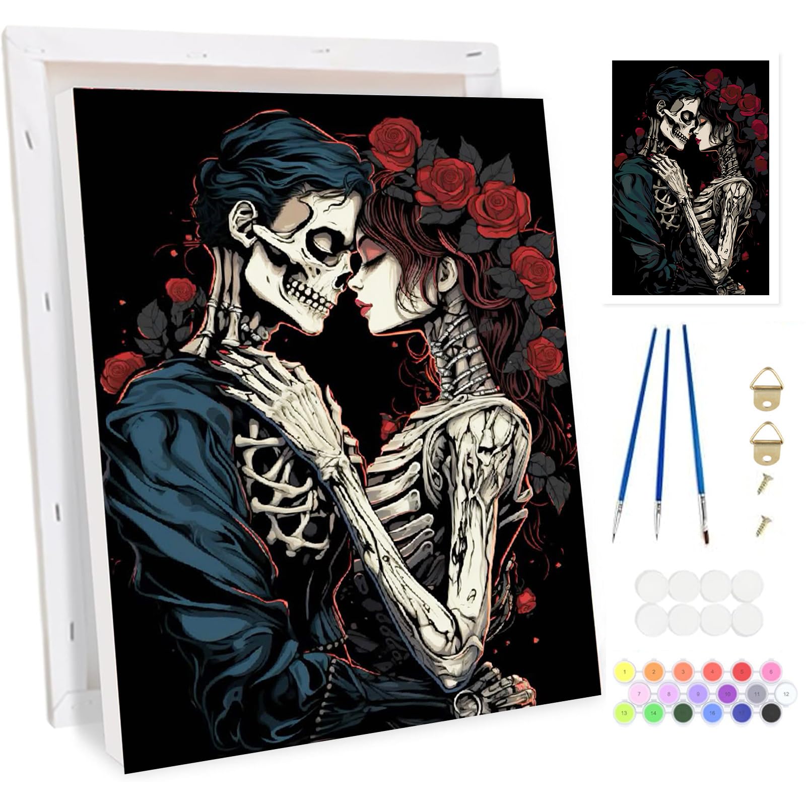 Bowetile Halloween Skeleton Framed Paint by Numbers for Adults, Landscape Painting by Numbers Kit for Adults Beginners Canvas Kit, DIY Color Oil Painting Acrylic Paints for Home Wall Decor 20x30cm