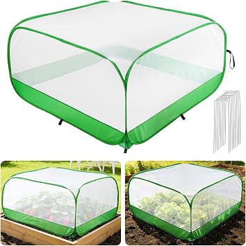 Pop Up Garden Netting for Square Raised Beds - 3.3L x 3.3W x 1.65H Ultra Fine Mesh Net Plant Cover with 8 Stakes, Protection for Vegetables Fruit from Birds Pests