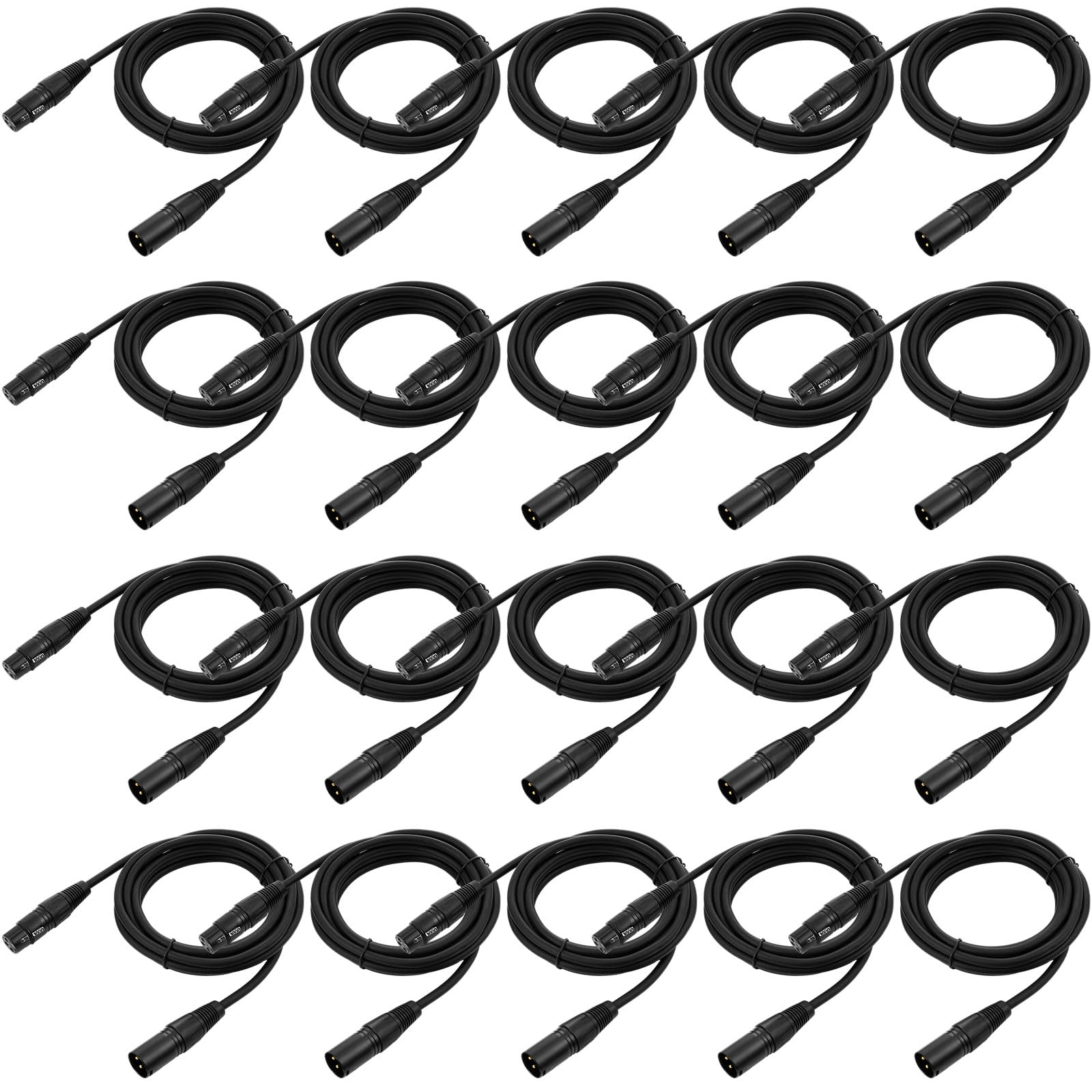 Xuhal 20 cavi DMX flessibili da 1 metro, cavi di segnale DMX con connettori in metallo, segnale XLR a 3 pin, connettore maschio a femmina, per illuminazione di palco, faretti, luci DJ, nero (2 m)