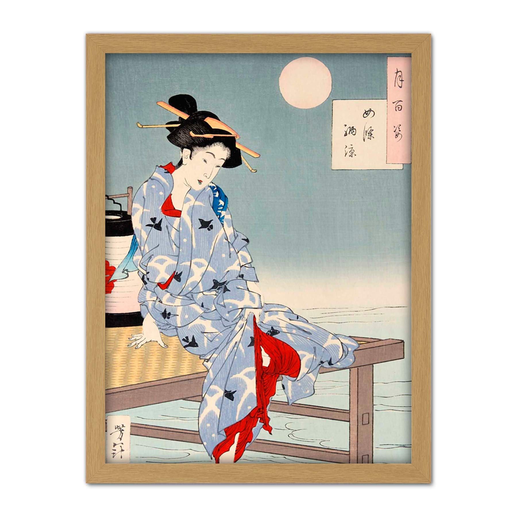 Wee Blue Coo Chikanobu Japanese Geisha Pier Moon Artwork Framed Wall Art Print 18X24 Inch