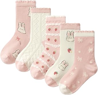 Balabala 5 Pack Girls Cotton Crew Socks Cute Ruffle Animal Dress Socks | Frilly Cuff, Smooth Toe Feel, Secure Heel Fit, Soft Combed Yarn, Sweet Jacquard Design, School Everyday Wear