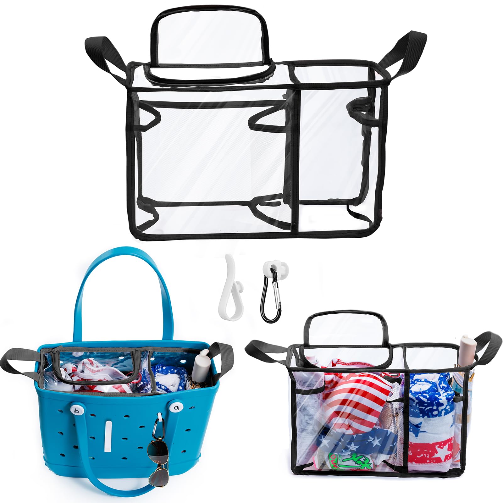 AMOIGEE Clear Beach Bag Organizer Insert with Zipper Closure Lid and 3pcs Accessories Compatible with Bogg Bag Medium- Tote Insert Bag Divider with