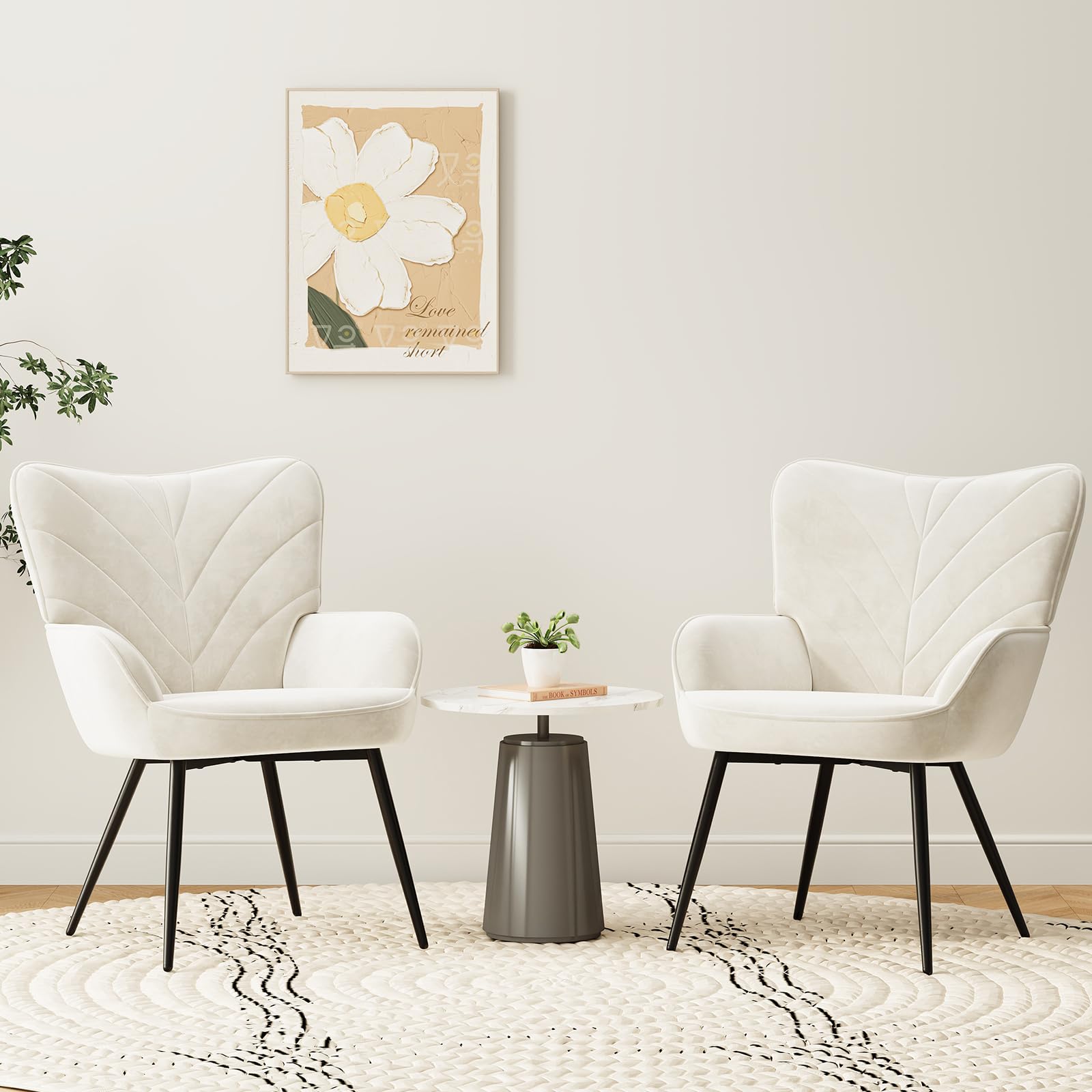 COLAMY Velvet Accent Chair with Black Metal Legs, Modern Armchair with Ergonomic Backrest, Wide Seat & High-Density Foam,Vanity Chair for Living Room Bedroom Lounge or Dressing Table,White