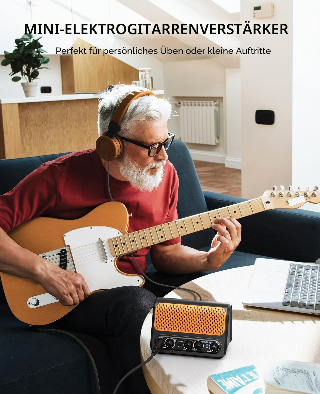 Mini-Gitarrenverstärker, LEKATO 10W tragbarer E-Gitarrenverstärker mit Clean- und Overdrive-Kanal, Reverb und Bluetooth-Verbindung (schwarz-orange)