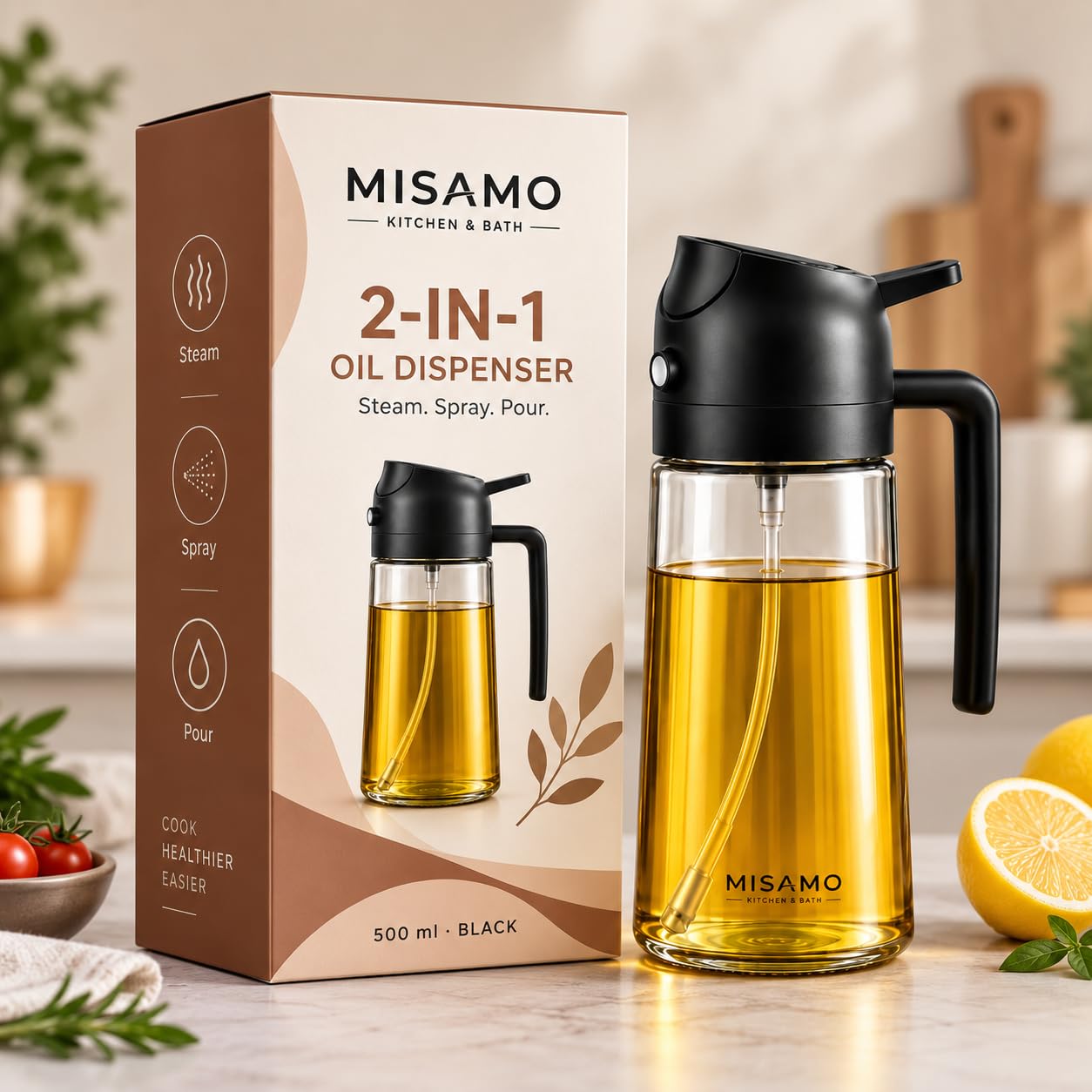 Misamo Enterprise 2-in-1 Oil Sprayer & Dispenser, 500ml, Black - Image 1