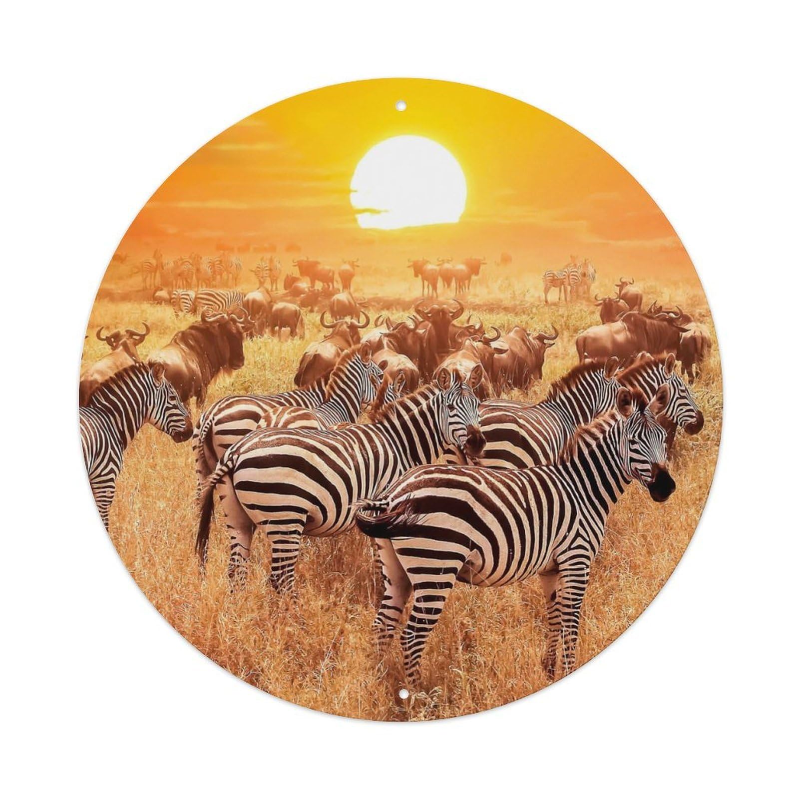 Zebras Wildlife Zebra And Cattle Herds Vintage Metal Tin Sign Plaque Wall Decor for Cafe, Club, Garden Round Metal Poster 8x8Inch