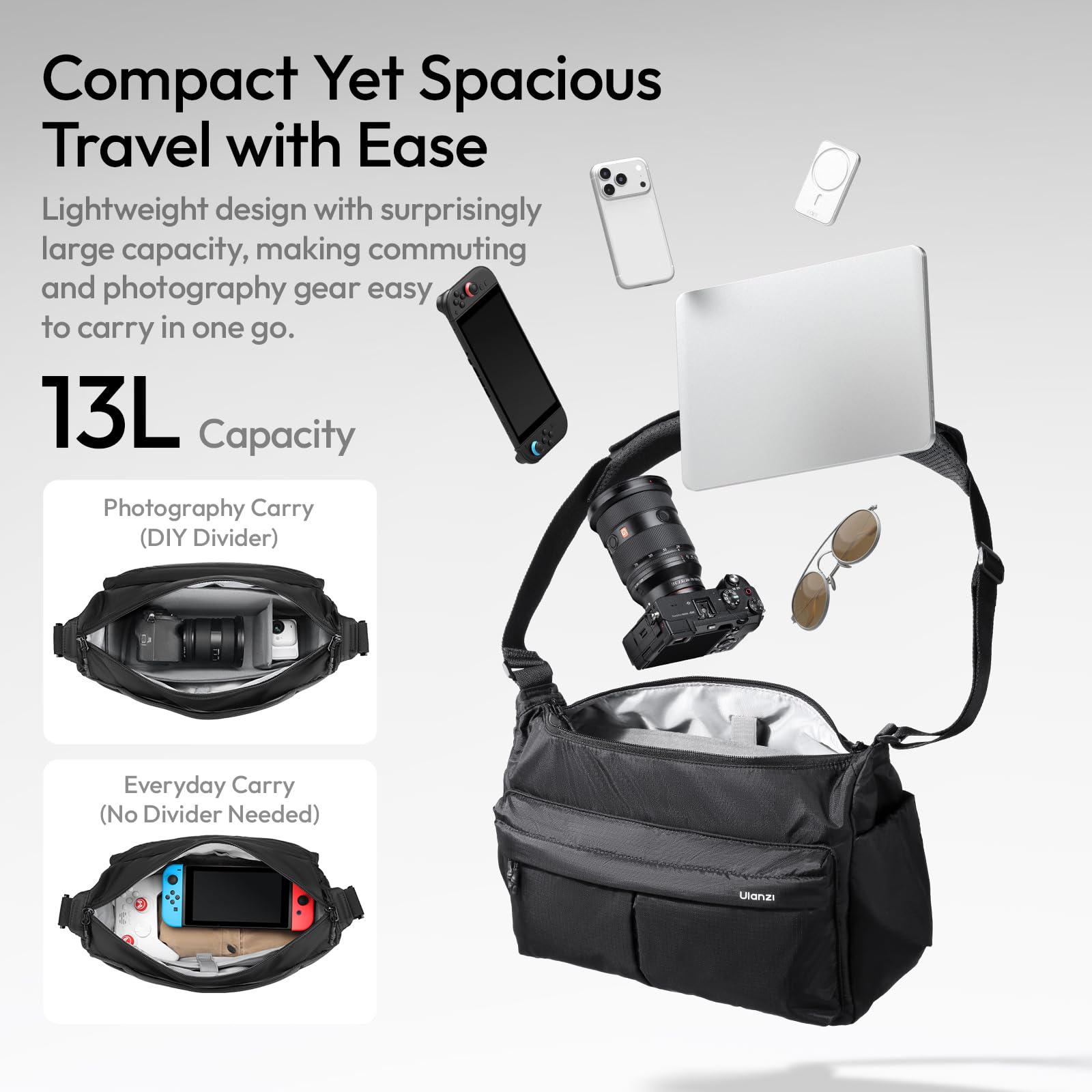 ULANZI U023 - Borsa a tracolla per fotocamera da 13 litri, impermeabile, con pannello Molle e scomparto imbottito per fotocamera DSLR/fotocamera, scomparto per laptop da 14", treppiede, borsa modulare