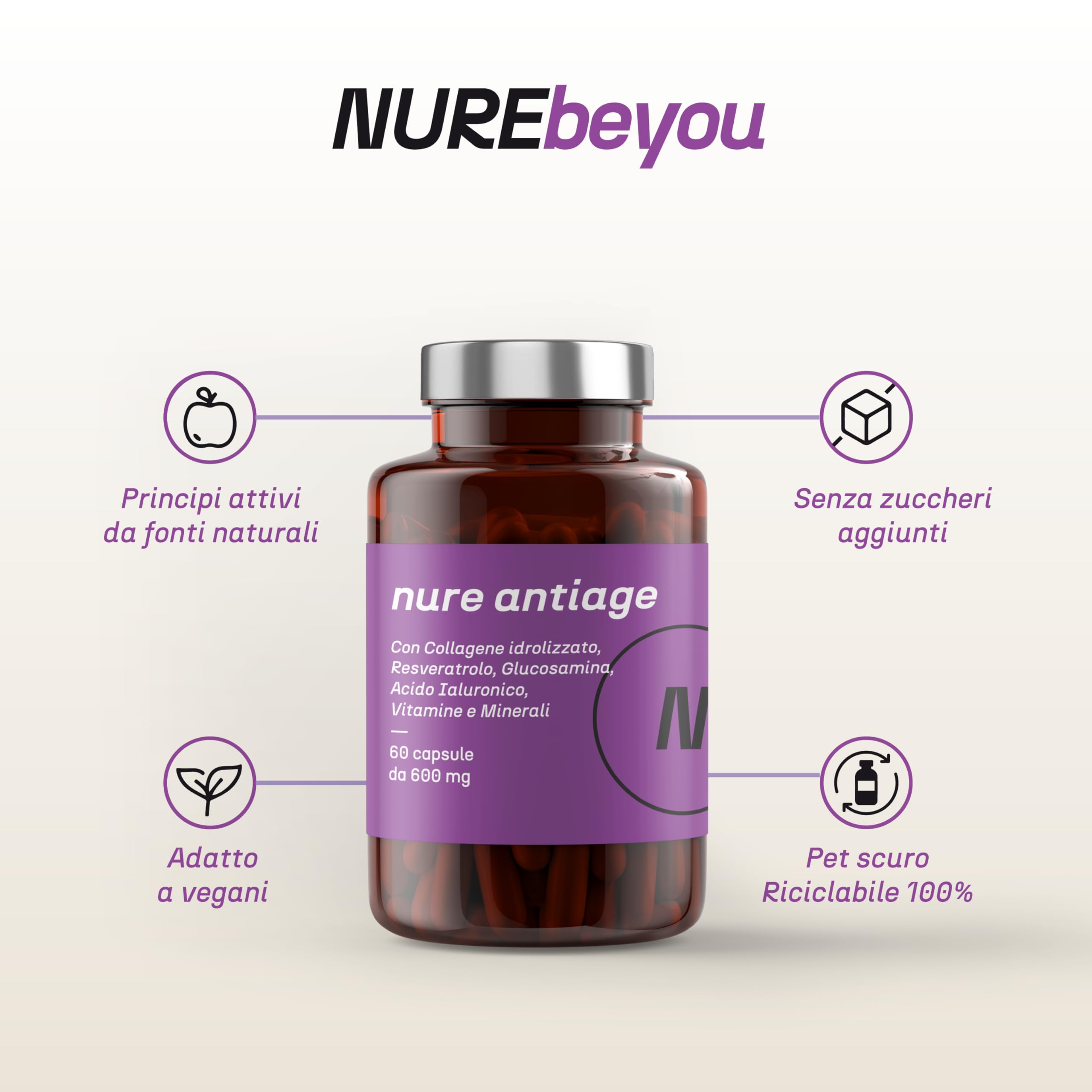 NURE Antiage 60cps | Integratore Anti-invecchiamento, integratore collagene, acido ialuronico viso, collagene idrolizzato | Acido ialuronico