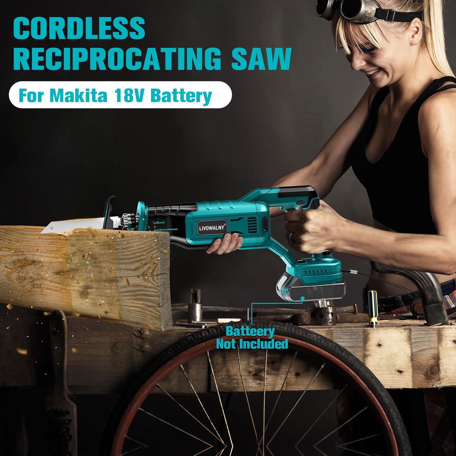 LIVOWALNY Akku Säbelsäge Kompatibel mit Makita 18V (Ohne Akku) - Reciprosäge Bürstenlos Motor 3200 SPM, 3 variable Geschwindigkeiten mit 4 Sägeblätter für Metall/Holz/PVC (Blau)
