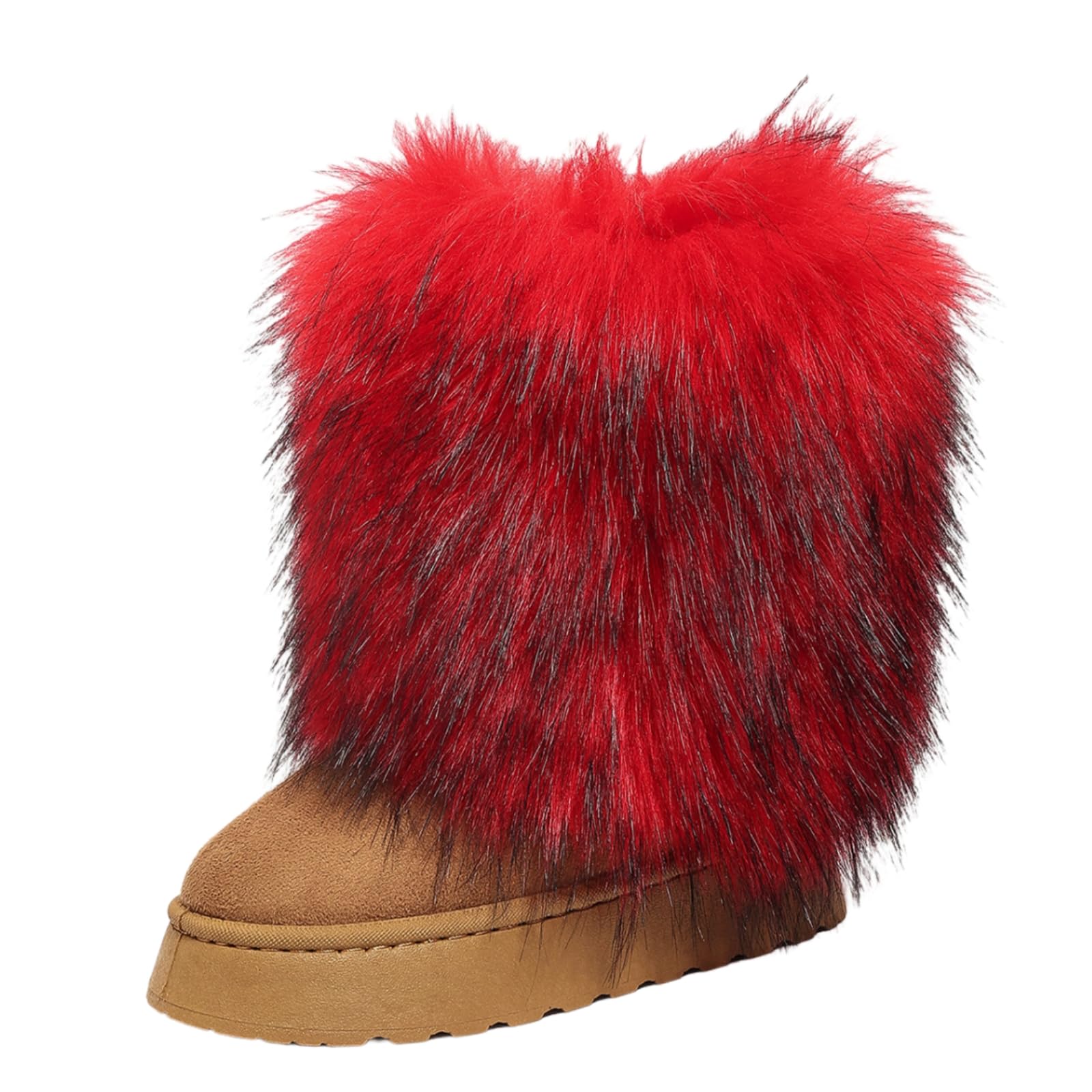 Furry Faux Fur Mid Calf Boots for Women Fuzzy Fluffy Round Toe Anti Slip Suede Warm Fashion Snow