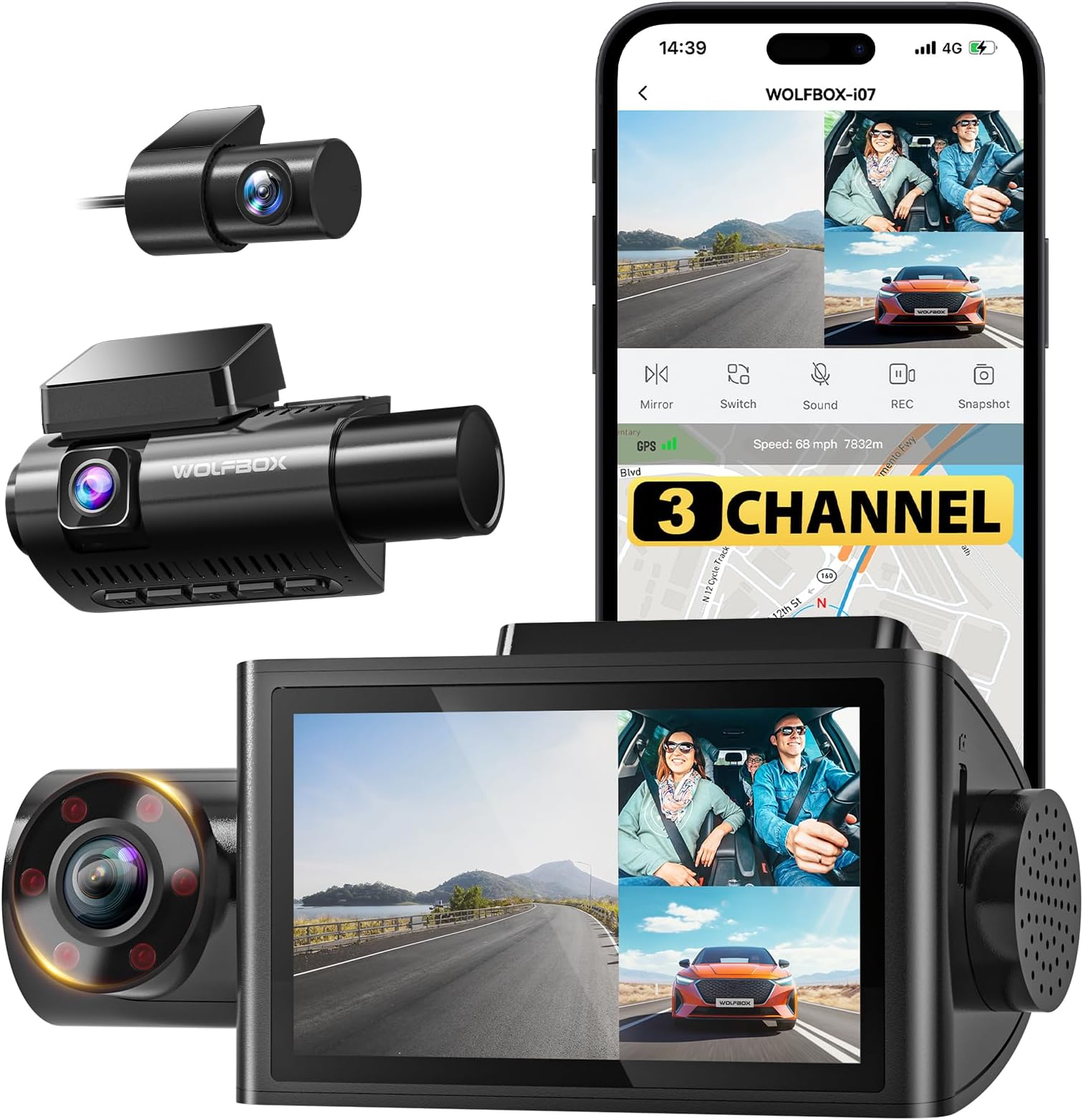 WOLFBOX i07 Dash Cam 3 Channel with WiFi GPS, 4K Dash Camera Front and Inside, 3 Way Dash Camera for Cars, 3" LCD Dash Cam Front and Rear, Super IR Night Vision, 24H Time Lapse, Support 512GB Max