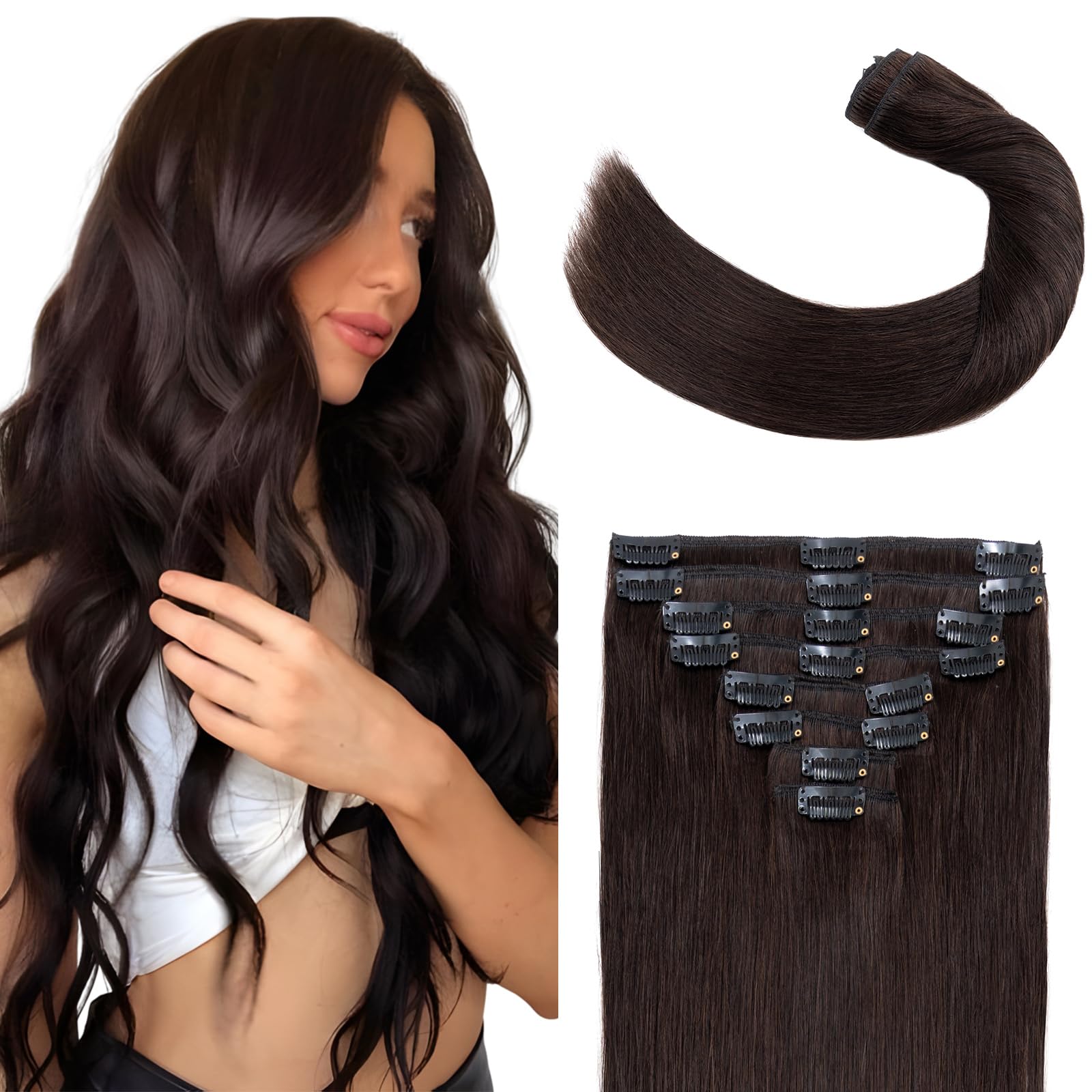 Elailite 10 Inch Clip in Hair Extensions Real Human Hair #2 Dark Brown Remy Natural Hair 8 Pieces Standard Weft Full Head Straight 75 Gram