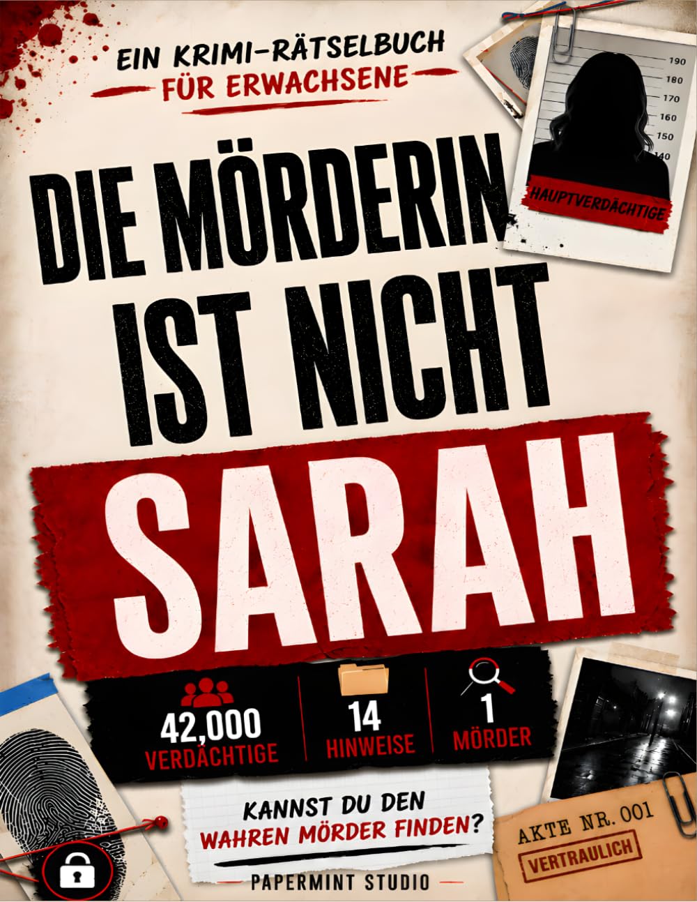 DIE MÖRDERIN IST NICHT SARAH: Großdruck-Krimi-Rätselbuch für Erwachsene • 42.000 Verdächtige • 14 Hinweise • Ein Schuldiger Name • Finde den Mörder