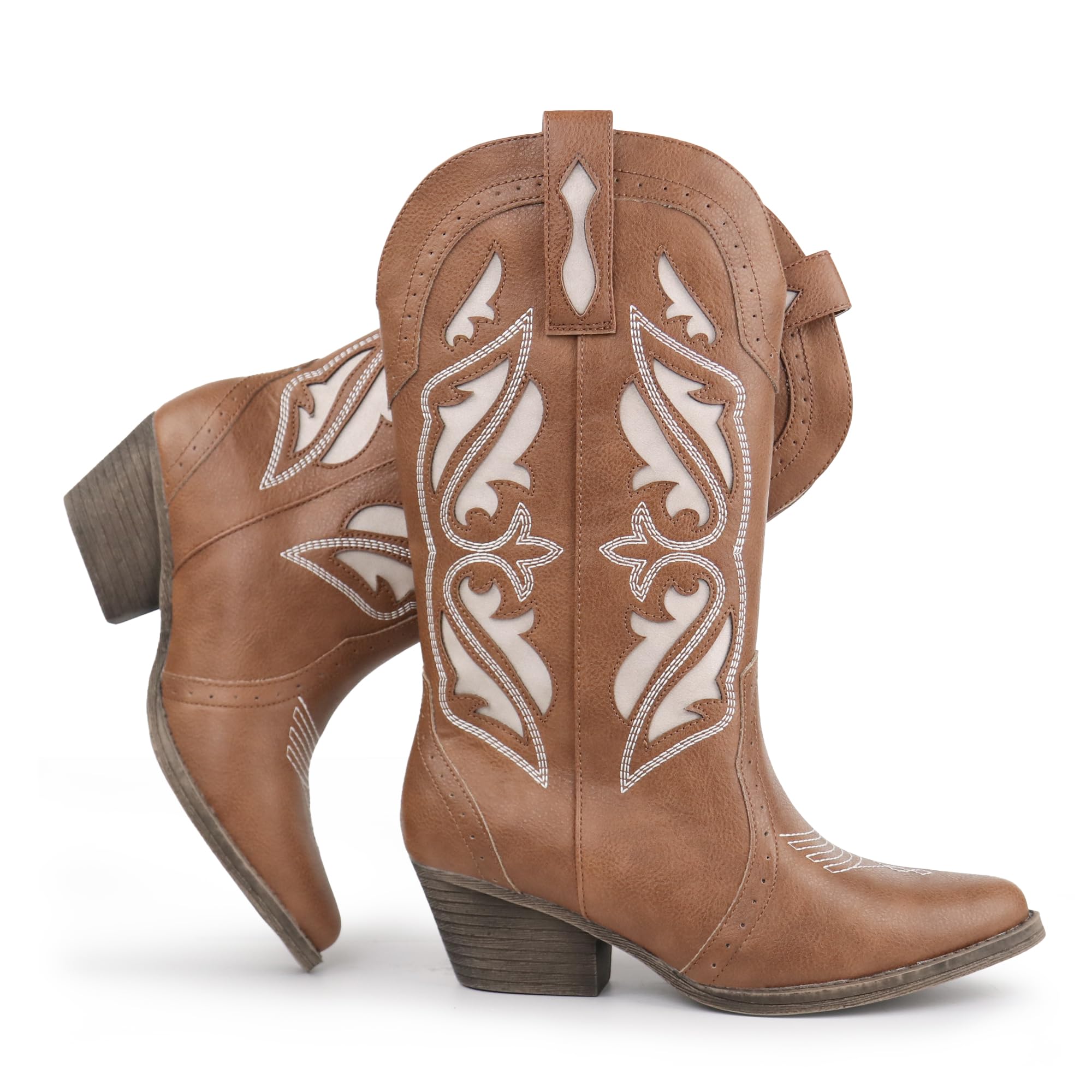 Hawkwell Women's Embroidered Stitched Mid Calf Cowboy Boots Pointed Toe Chunky Block Heel Classic Pull On Cowgirl Western Booties