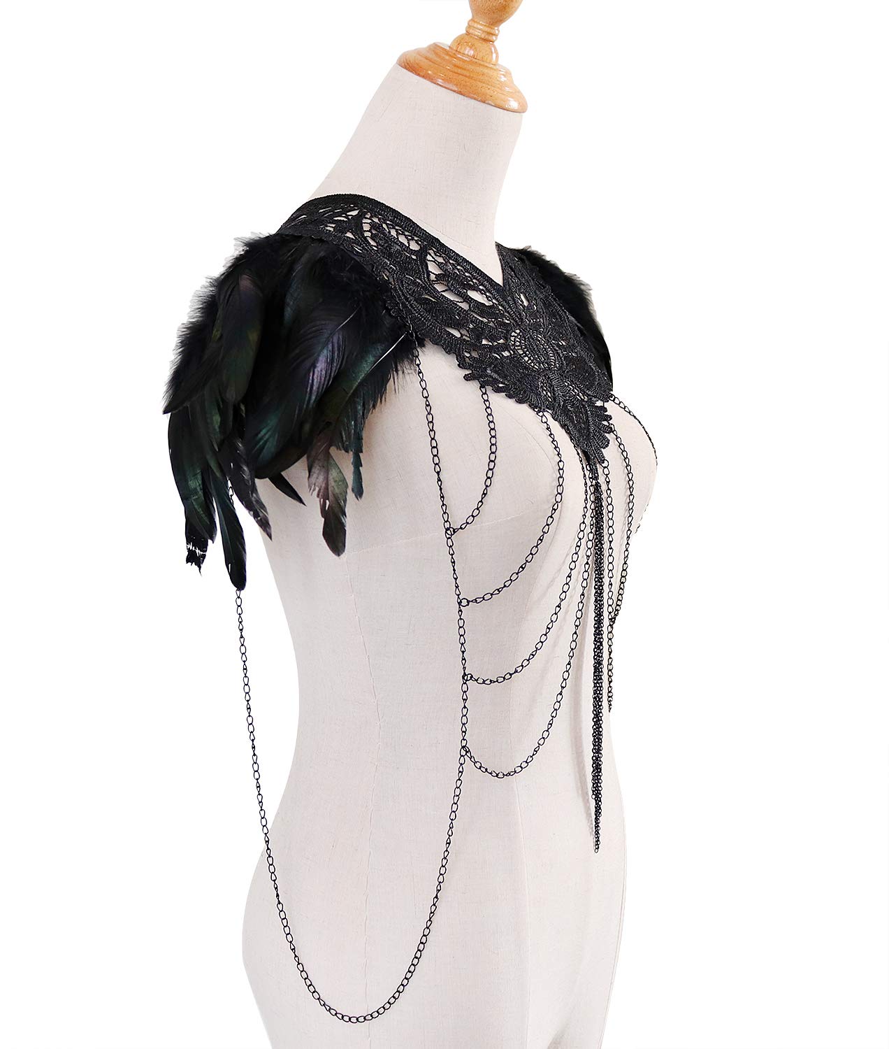 L'VOW Real Black Feather Harness Lace Collar Necklace Bib Halloween: X- Black