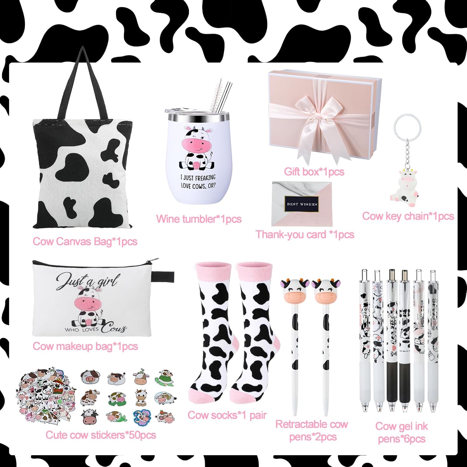 Aliceset 66 Pcs Cow Print Gift Set for Women Cow Lover Stuff Accessories Cosmetic Purse Tote Bags 20 oz Stainless Mug Steel Cute Socks Keychain Stickers Box Pen for Christmas Gift - Image 3