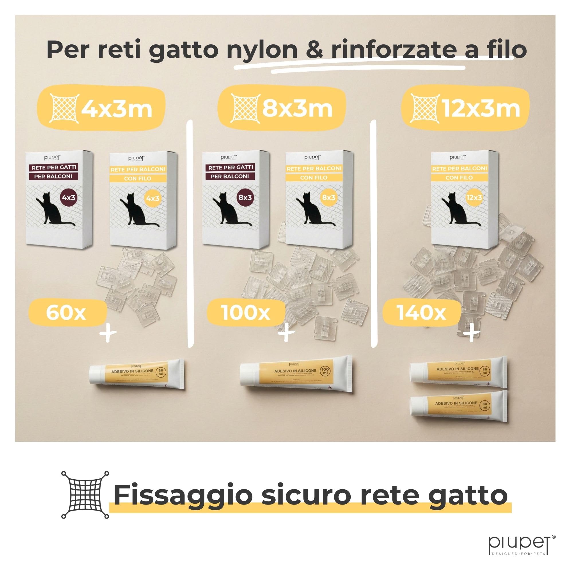 PiuPet® Ganci Adesivi per Rete per Gatti Senza forare | Fissaggio Rete Gatto per Balcone e Finestra | Ganci Trasparenti con Colla Silicone (60 Ganci + 80 ml di Colla)