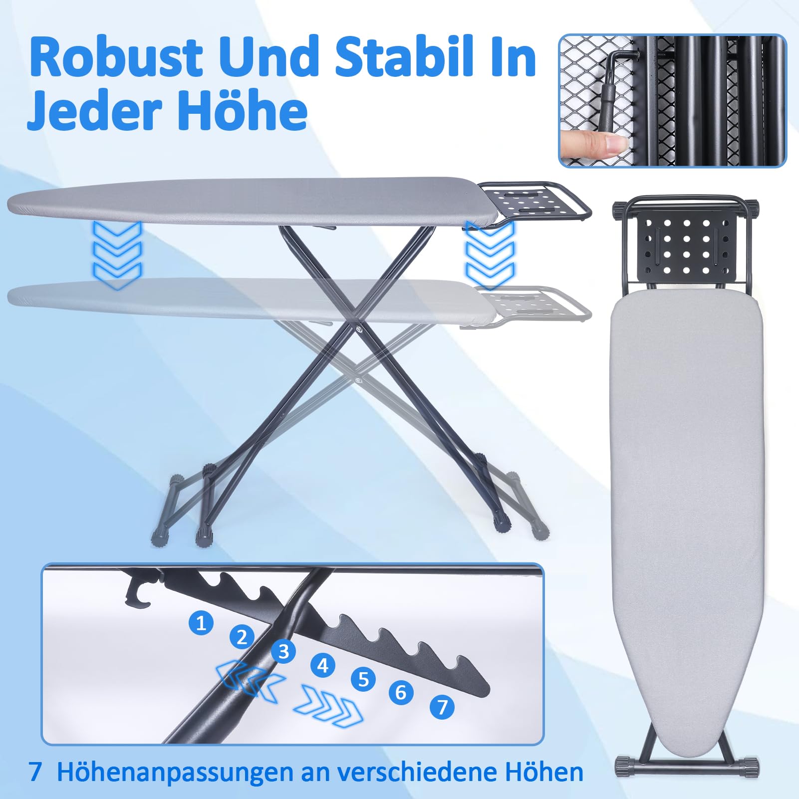 Bügelbrett,Dampfbügelbrett mit Bügeleisenablage, Metallnetz Bügeltisch mit Rutschfesten Füßen für Verstellbarer Höhe,Bügelbrett Klappbar Kein,Robuster Bügeltisch größe 133x34cm