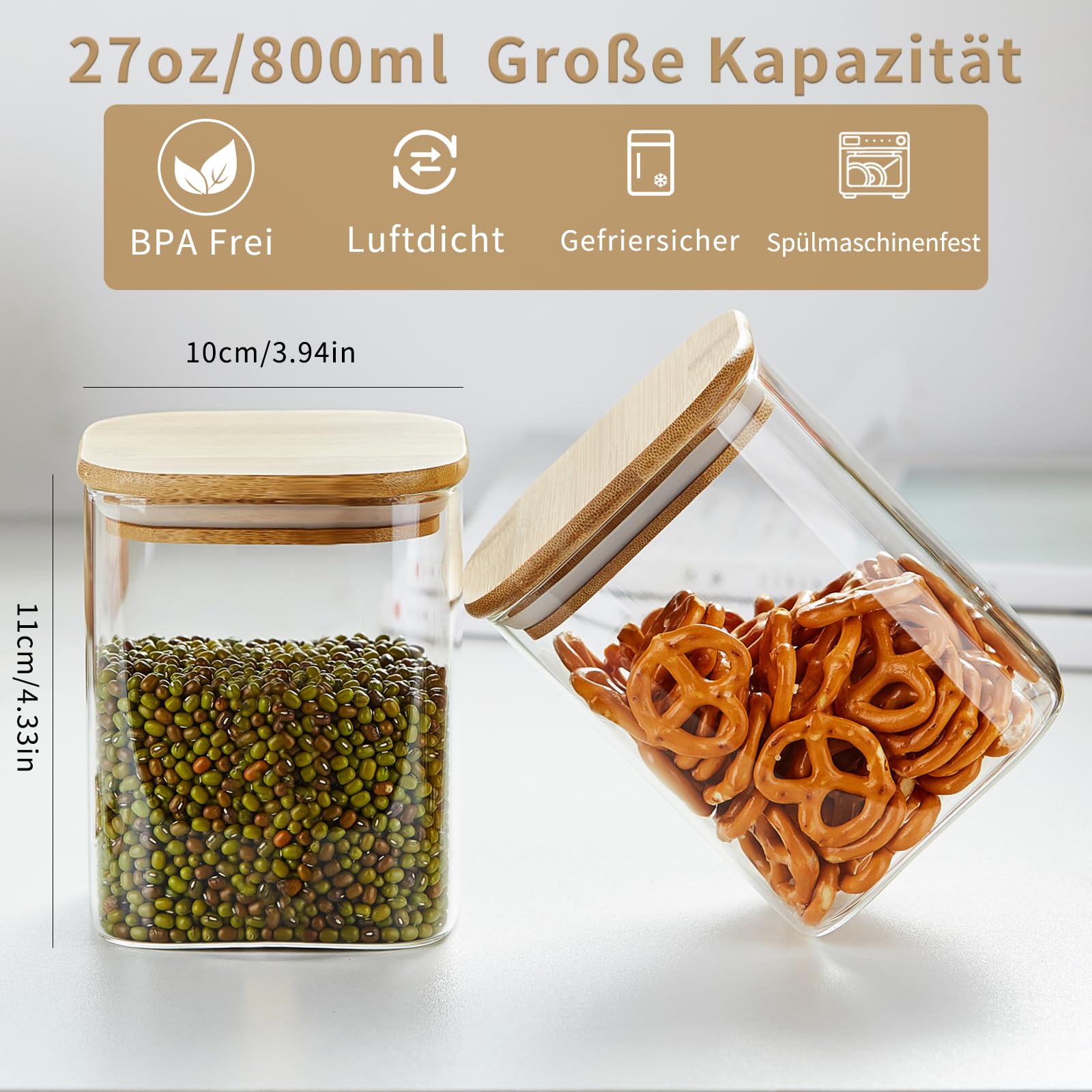 MESNEY Vorratsdosen aus Glas mit Bambusdeckel, 1600 ml, luftdicht, stapelbar, für Küche und Speisekammer, umweltfreundlich, transparent, für trockene Lebensmittel, Kaffee, Nudeln, Snacks und mehr, 6