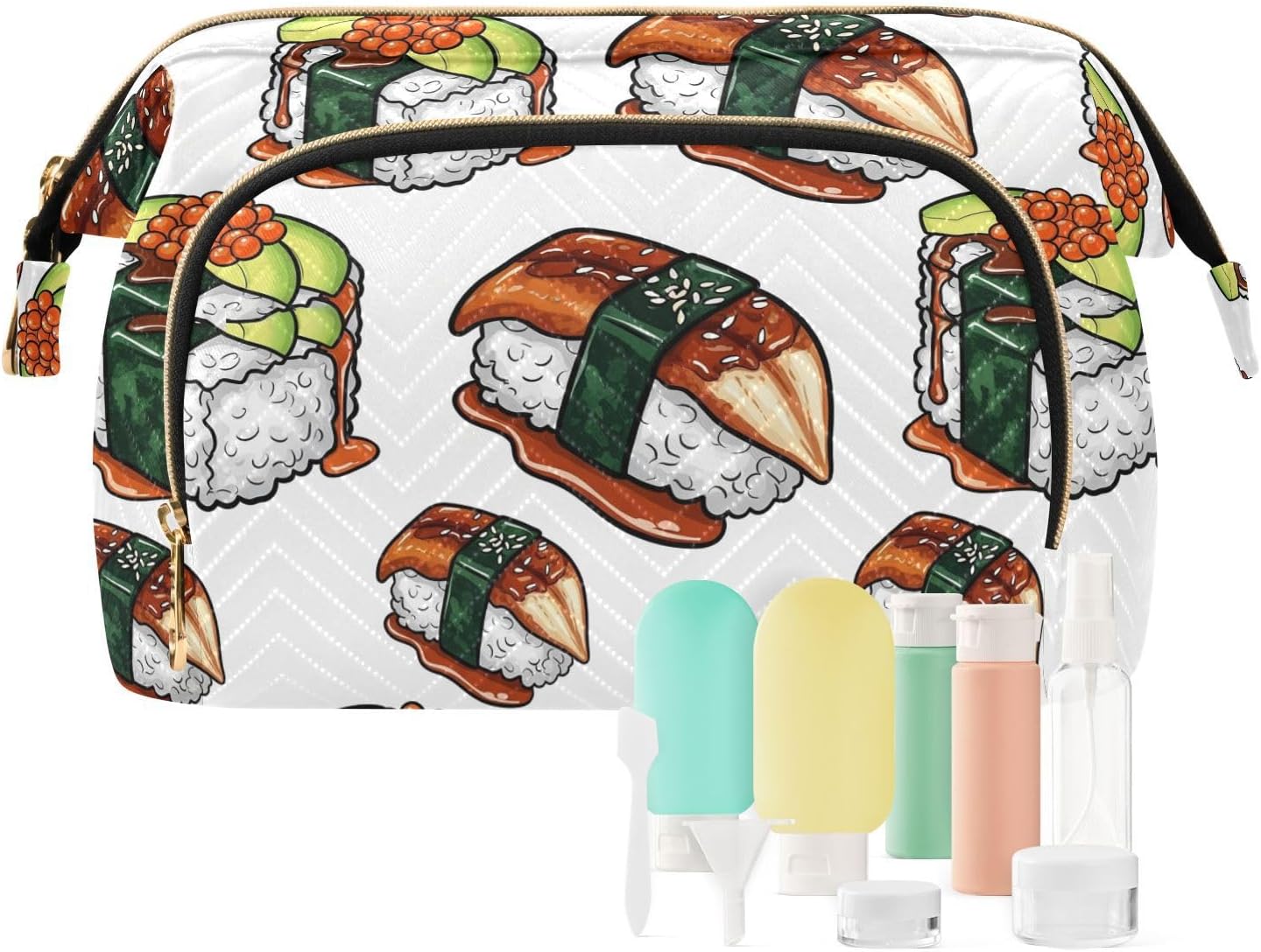 VIGTRO Sushi Roll Avocado Caviar Makeup Bag Quilted Toiletry Bag Wide Open Cosmetic Bag with Bottles Kit Large Capacity Travel Organizer Pouch for Women