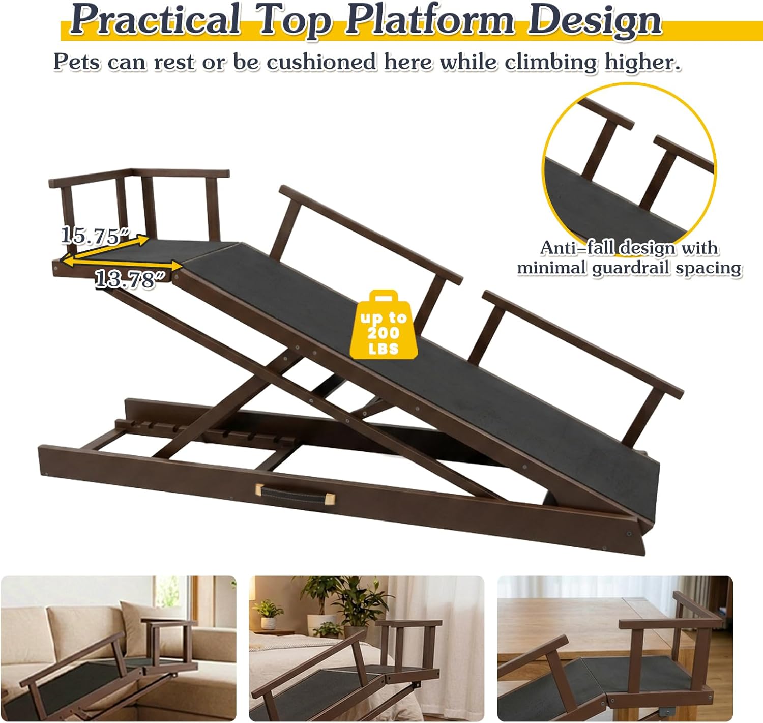 6 Level Height Adjustable Dog Ramp for Bed, Couch 65" Foldable Pet Ramp with Non-Slip Mat，DIY Glow Strips & Rest Platform Heavy Duty Dog Stairs for Large Dogs up to 200Lbs ，Brown