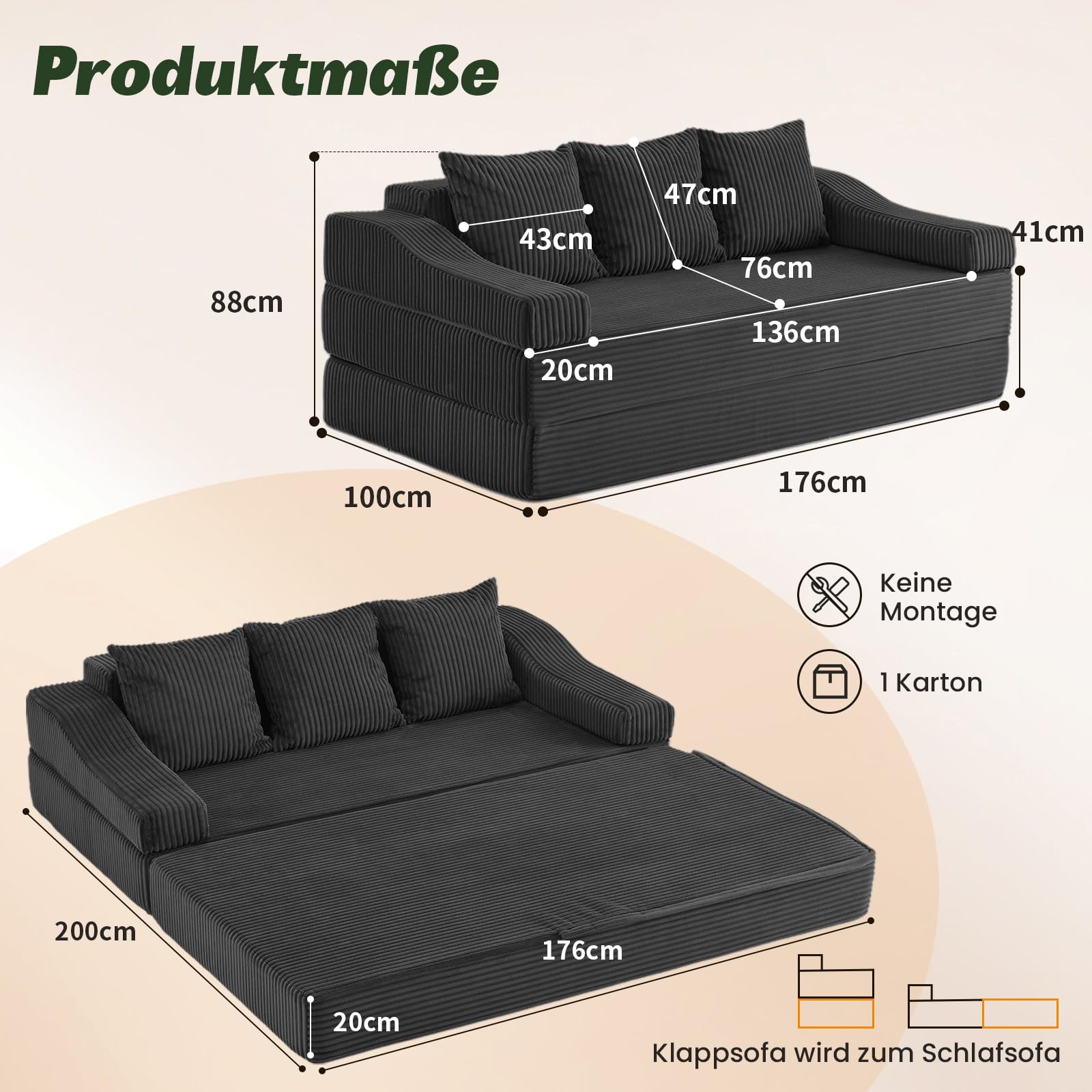 APICIZON Schlafsofa 200cm Breit, Boneless Couch mit Kissen, 3 Sitzer Sofa Bed mit Schlaffunktion, Bodensofa Klappbare Matratze für Wohnzimmer, Schlafzimmer, Gästezimmer (Cord-Dunkelgrau, 200x176cm)