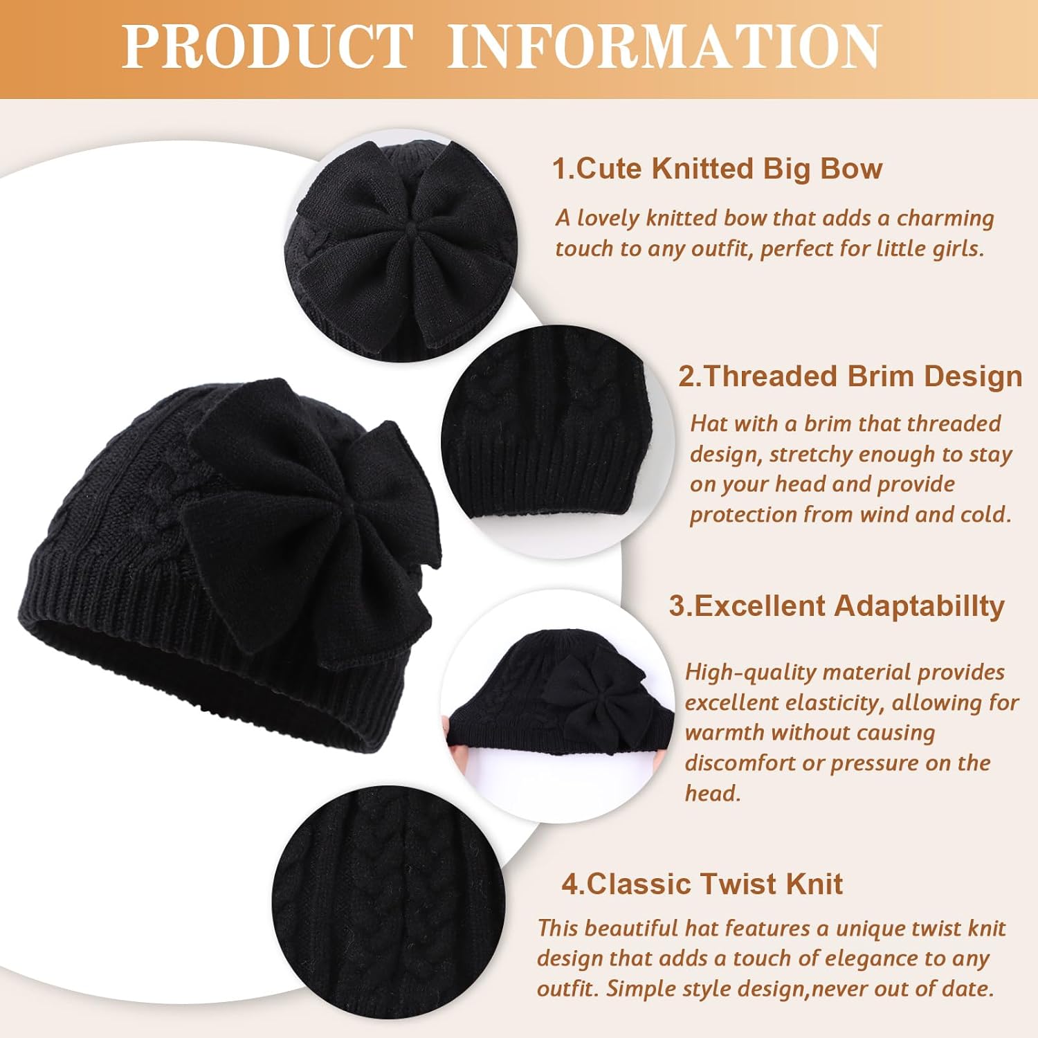 JANGANNSA Winter Warm Knitted Baby Hat for Girls Cotton Lined Infant Toddler Hat Autumn Cute Bow Classic Girls Beanie 0-6Y 2-6 Years Black+white+pink image 4 of 6 B09PDB2DVT