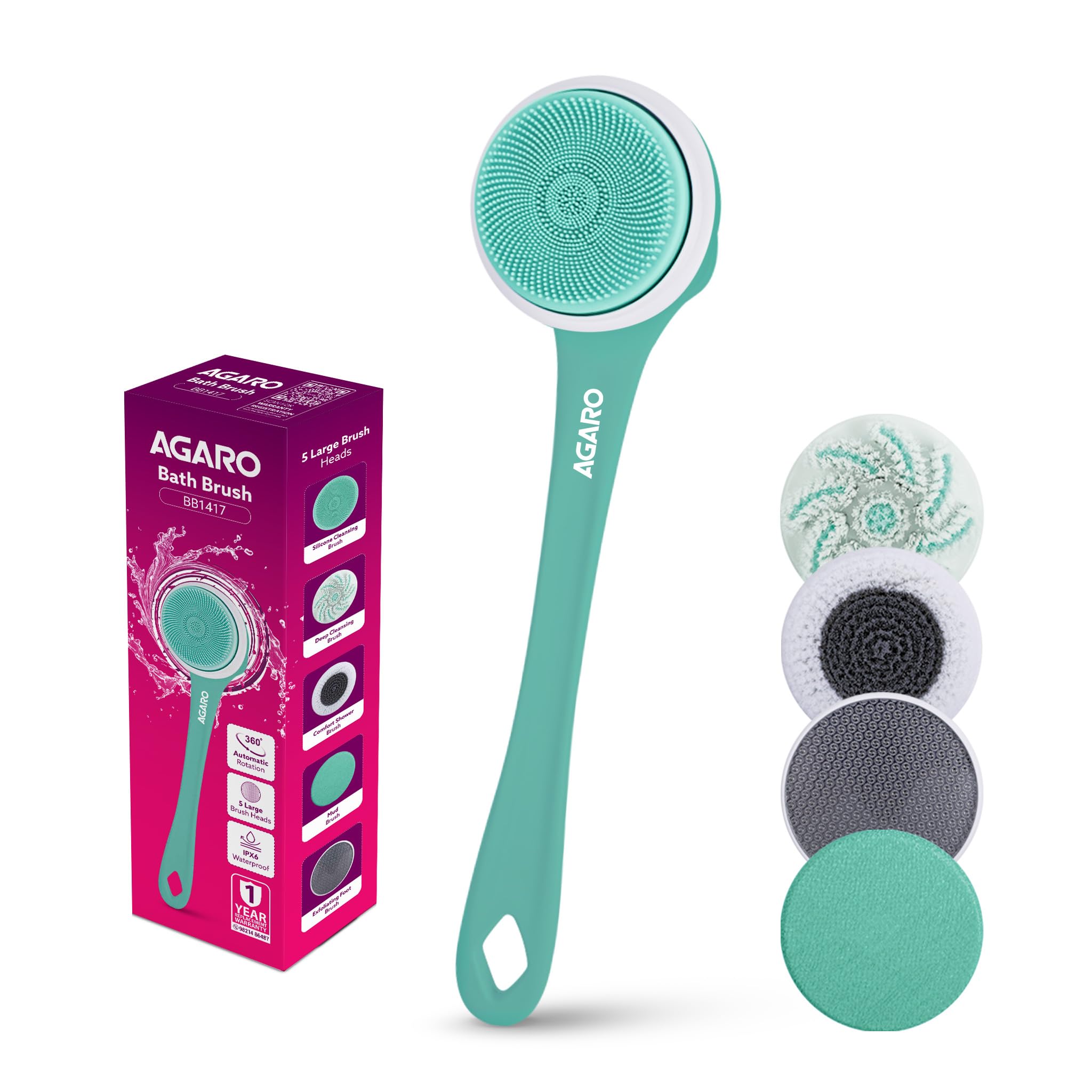 AGARO Electric Bath Brush – USB Rechargeable, IPX7 Waterproof | 6 Brush Heads, 3 Cleaning Modes, 360° Rotating Exfoliating Brush with 14.5” Long Handle
