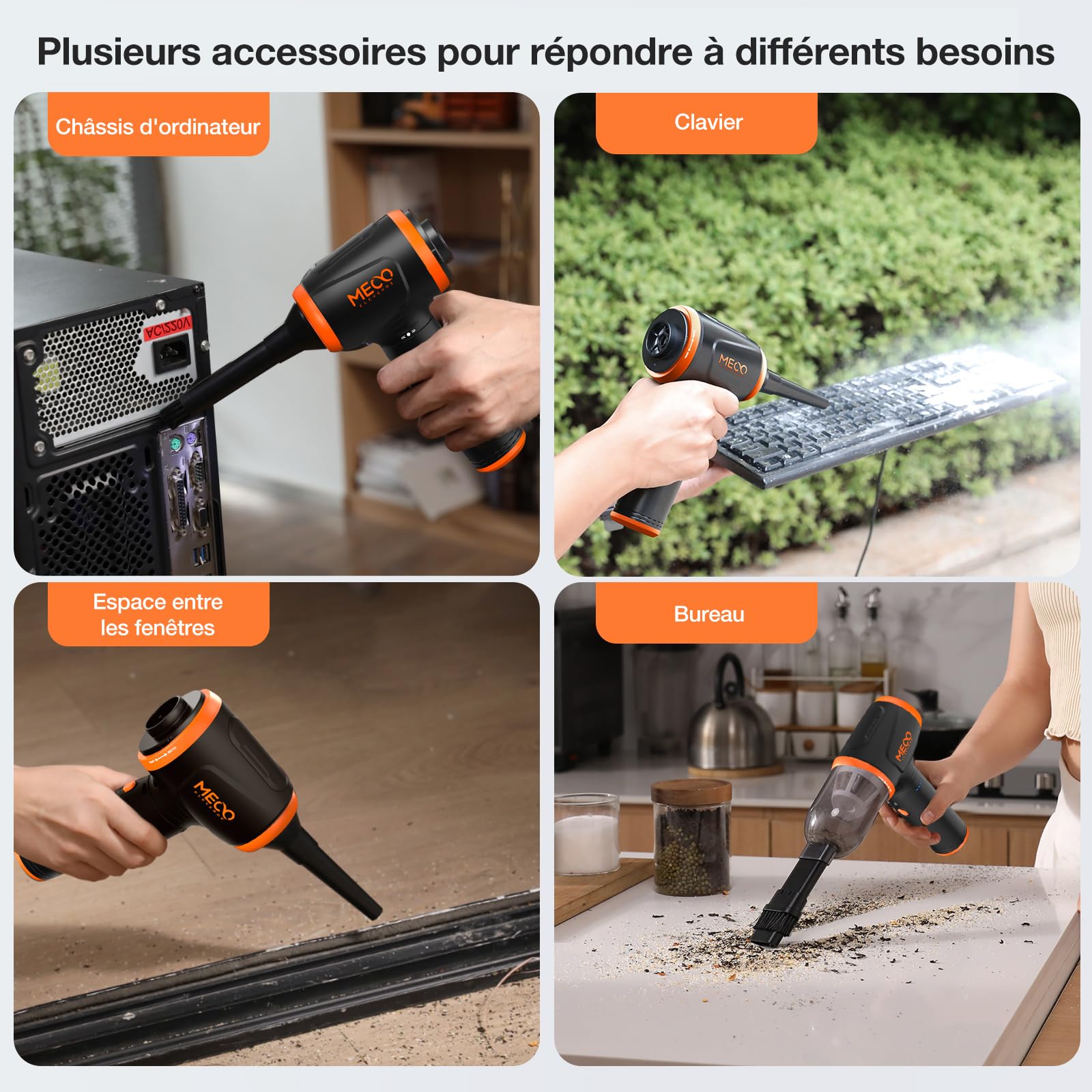 MECO ELEVERDE 4 en 1 Soufflette Air Comprimé, 3 Vitesses 110000u/ Air Duster, Aspirateur 16000pa, 2 Heures De Charge Rapide, avec Buses, Convient pour Pc, Ordinateur Portable, Avoiture (Orange)