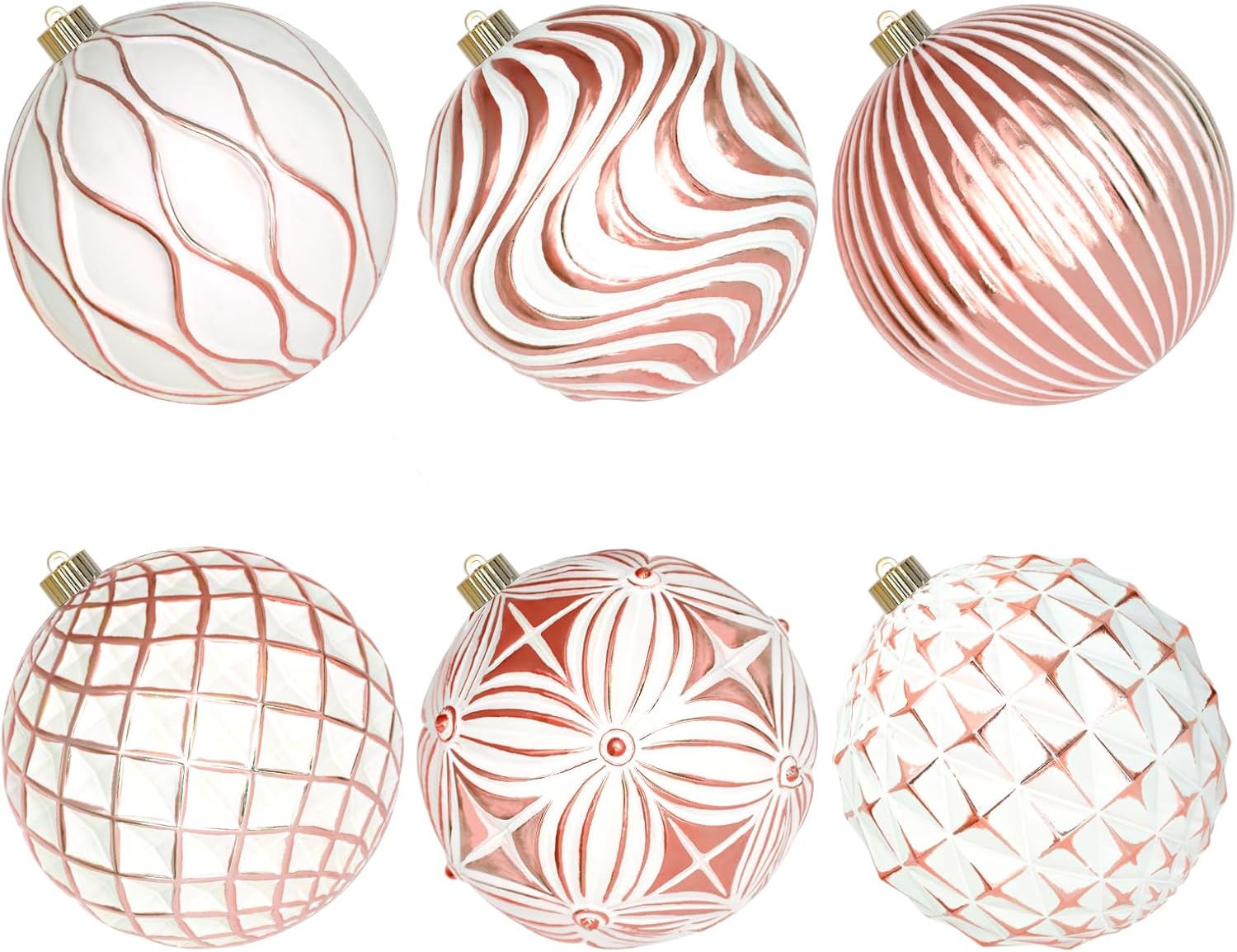 lanpn 6 pcs 8" large christmas balls ornaments, outdoor xmas tree hanging decorations, shatterproof christmas ball ornament set for home winter holiday, assorted relief pattern, white & rose gold white & rose gold 8"/ 6 pcs