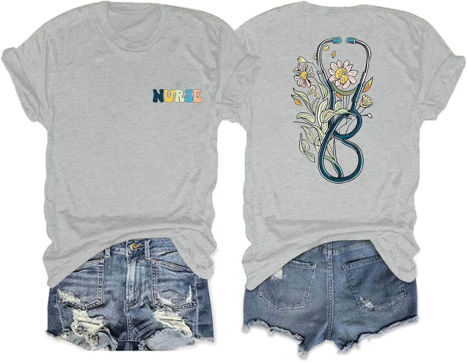 Nurse Graphic Shirts for Women Boho Floral Nurse Life T Shirt Stethoscope Oversized Graphic Tees Nurses Day Gifts