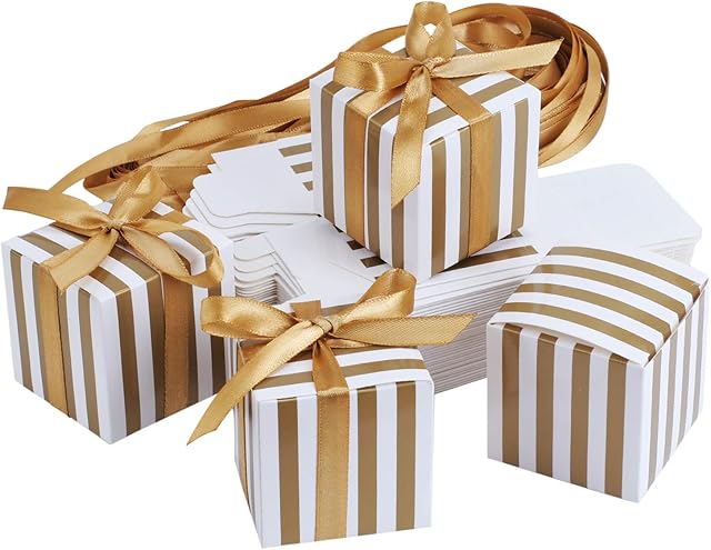 TsunNee Square Paper Candy Box, Sweet Wedding Favour Boxes, Striped Party Gift Box, Creative Paper Treat Boxes, Gold, 50-Pack