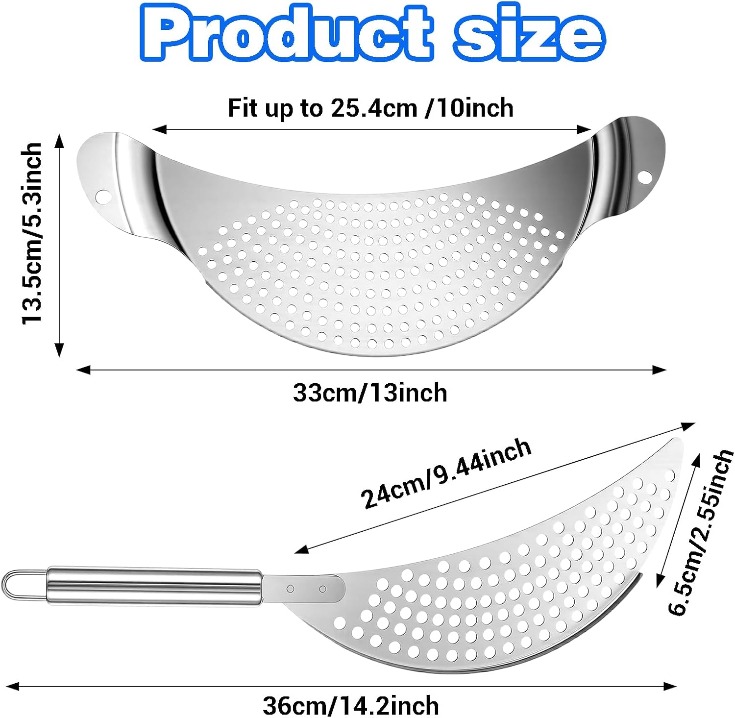 2 Pcs Stainless Steel Strainer for Pot,Pot Strainer with Handle,2 Shape Pan Strainers for Universal Stovetop Drain Insert,Noodles, Fried Foods & Fruit, Fits Most Pots and Pans