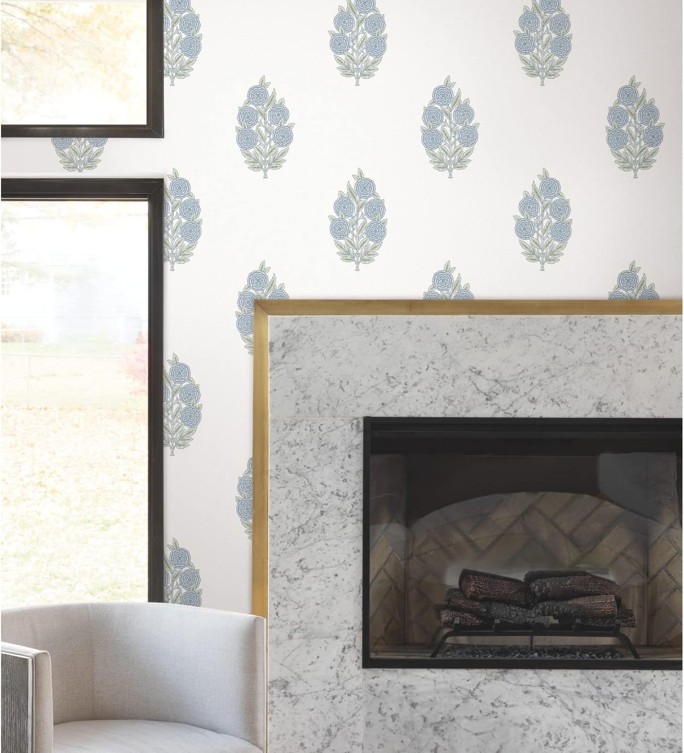 Blue Floral Self-Adhesive Repositionable Vinyl Wallpaper Roll
