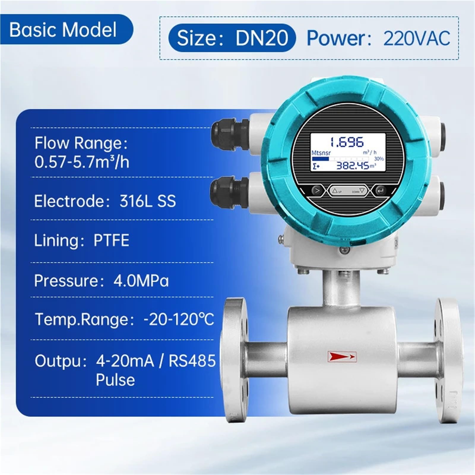 Caudalímetro electromagnético DN10 con Salida de señal de Pulso Universal RS485 de 4-20mA for medición de Flujo de líquido y Agua DN25(DN20 Upgraded)