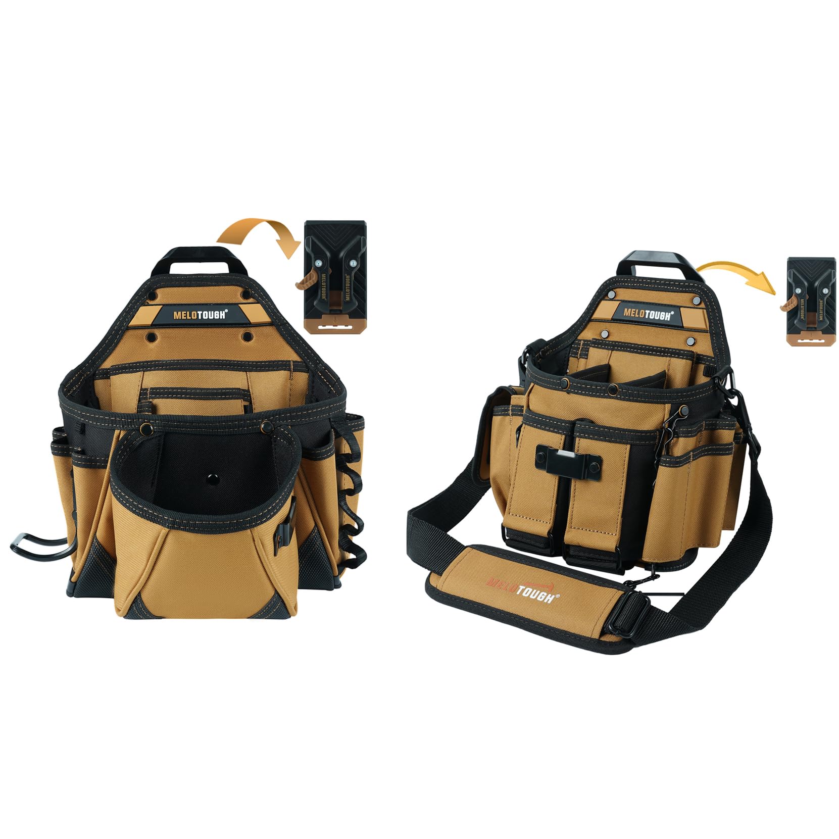 MELOTOUGH 1PC Electrician Tool Pouch Bag with Shoulder Strap Professional 15 Pockets + 1 PC Electrician Tool Pouch Nail Screw Work Pouch Tool Belt Pouches with Quick on Belt Clip