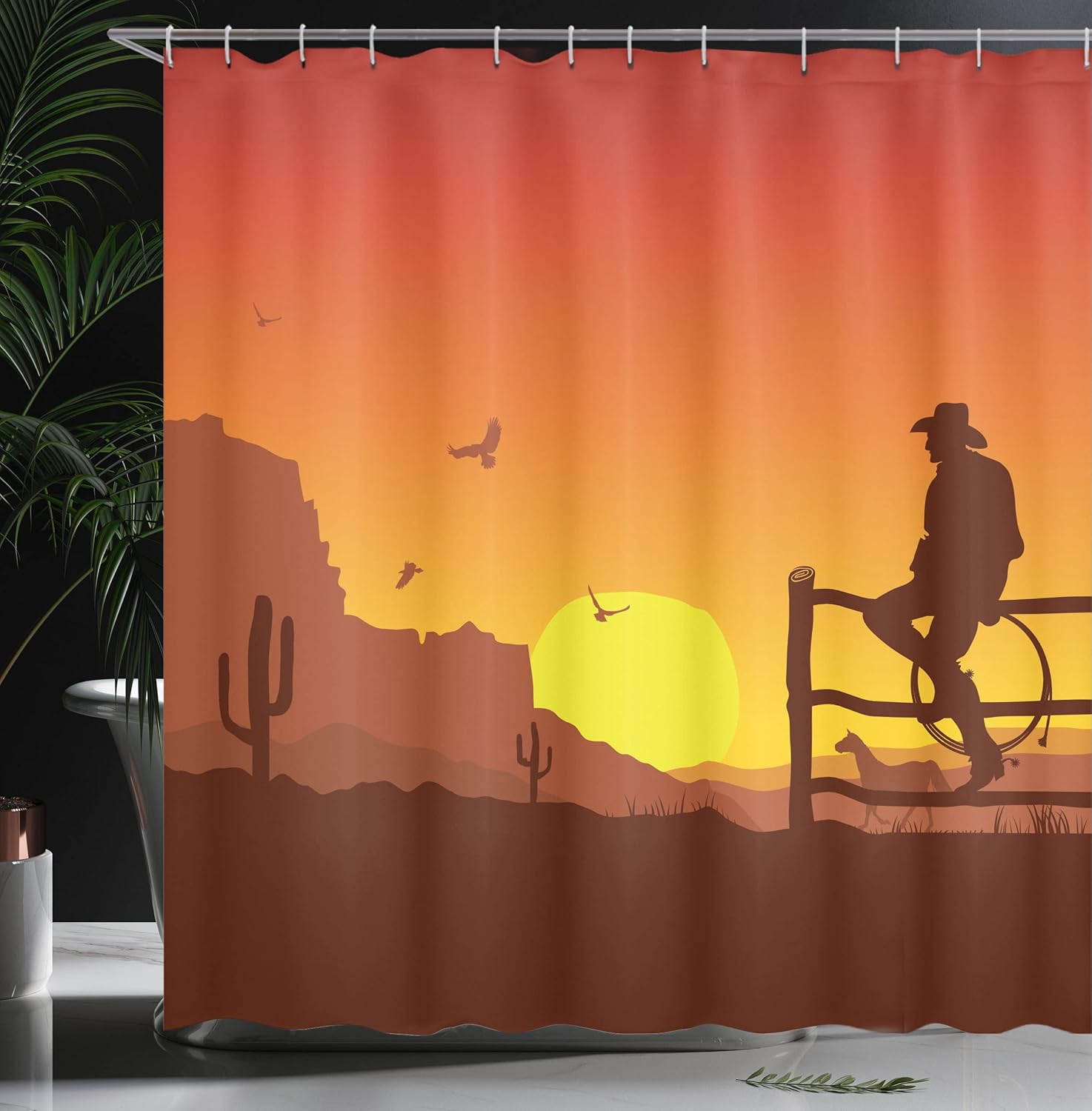 Ambesonne Western Shower Curtain, Silhouette of Cowboy in Wild West Sunset Scene American Culture Image Print, Cloth Fabric Bathroom Decor Set with Hooks, 69" W x 70" L, Burnt Orange