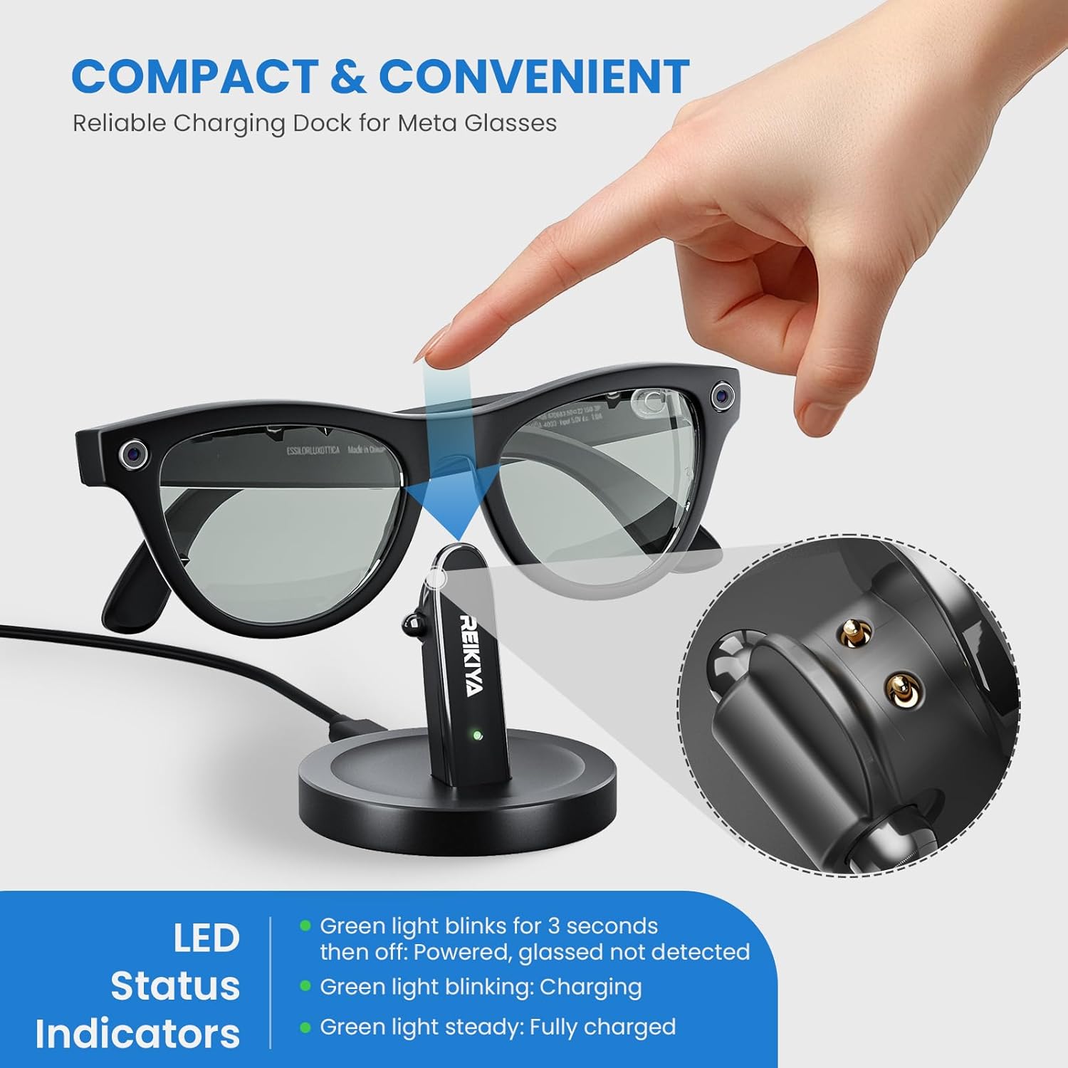 REIKIYA Charging Stand for Ray-Ban Meta Smart Glasses, Portable Charging Dock for Wayfarer, Headliner, Skyler with 3.3 ft USB-C Cable, Charger for Meta Glasses RayBan, RayBan Meta Accessories