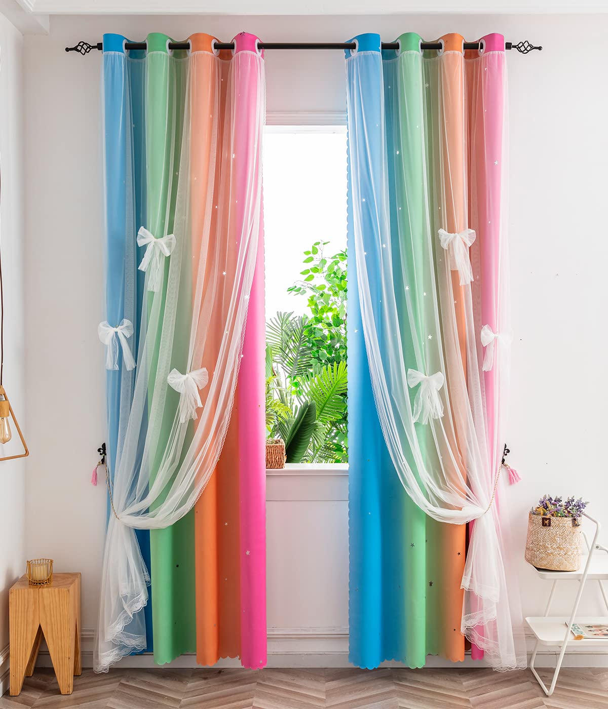 Yancorp Curtains for Girls Bedroom Kids Curtain Hollow-Out Star Window Nursery Curtain 63 inches Length Room Darkening Grommet 2 Layers (Four Colors-R